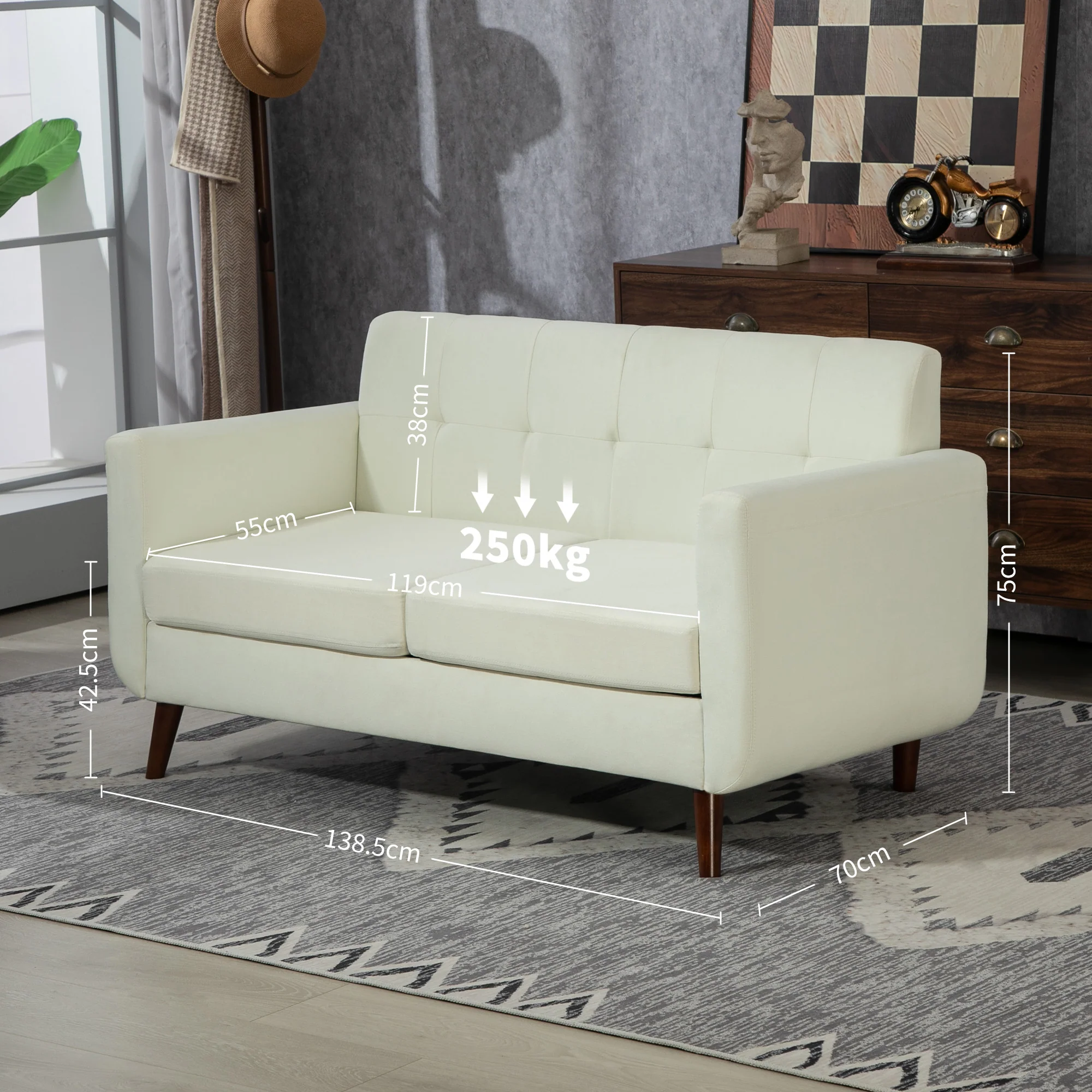HOMCOM Modern Upholstered Fabric Loveseat Sofa for Living Room, Cream - Image 5