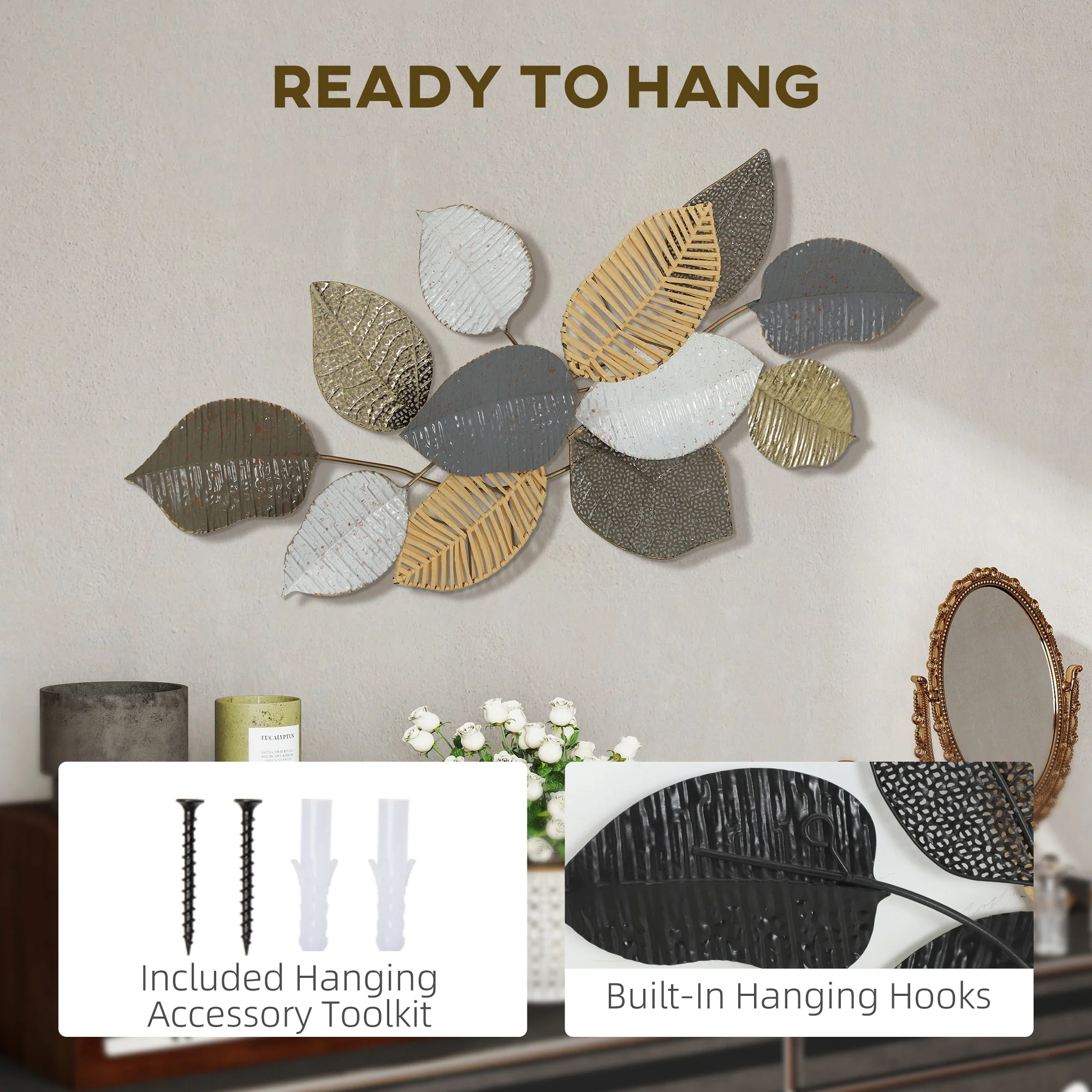 HOMCOM Modern Wall Art with Leaf Design, Metal Hanging Decoration - Image 4