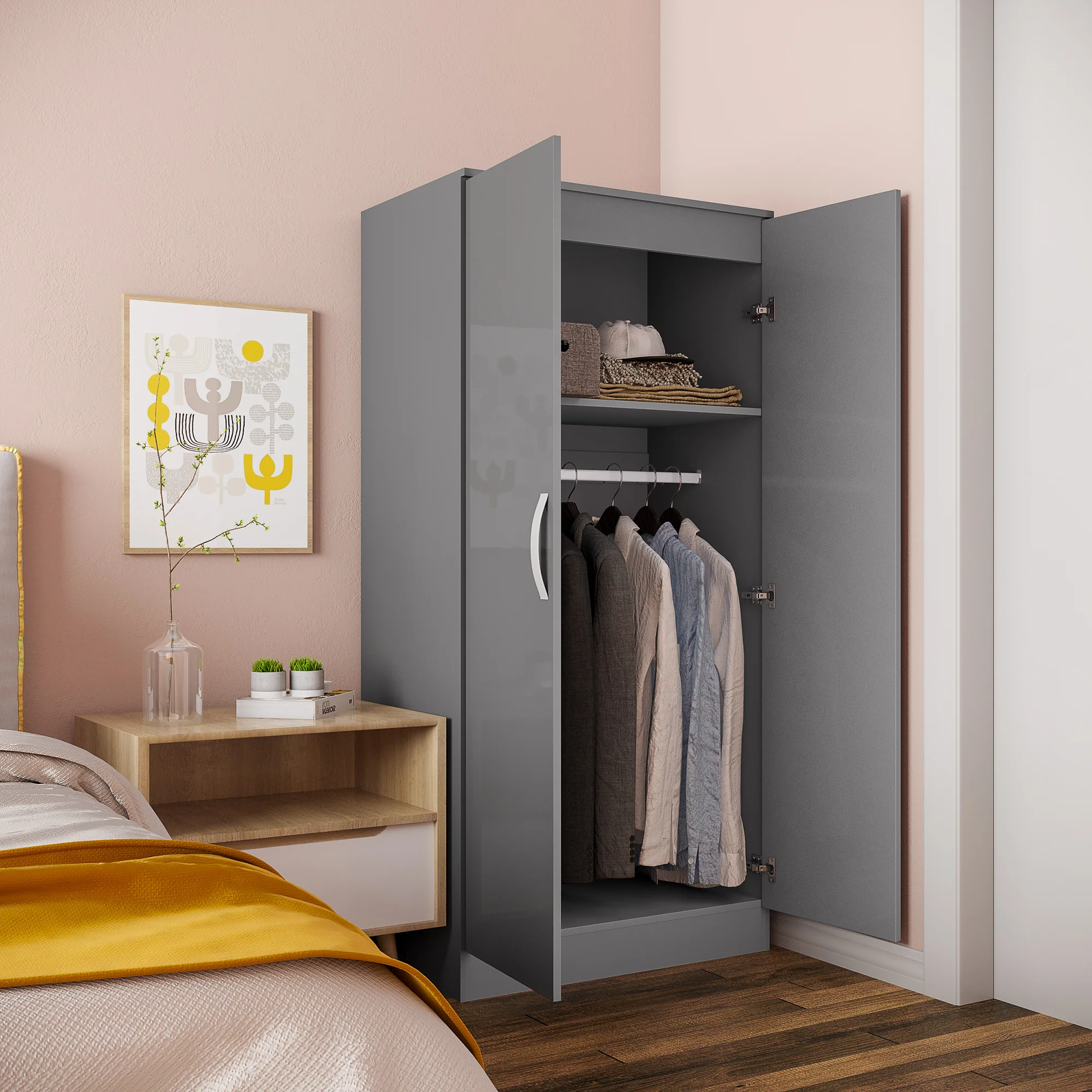 HOMCOM Modern Wardrobe Closet, Clothes Cabinet with High Glossing Door, Grey - Image 2