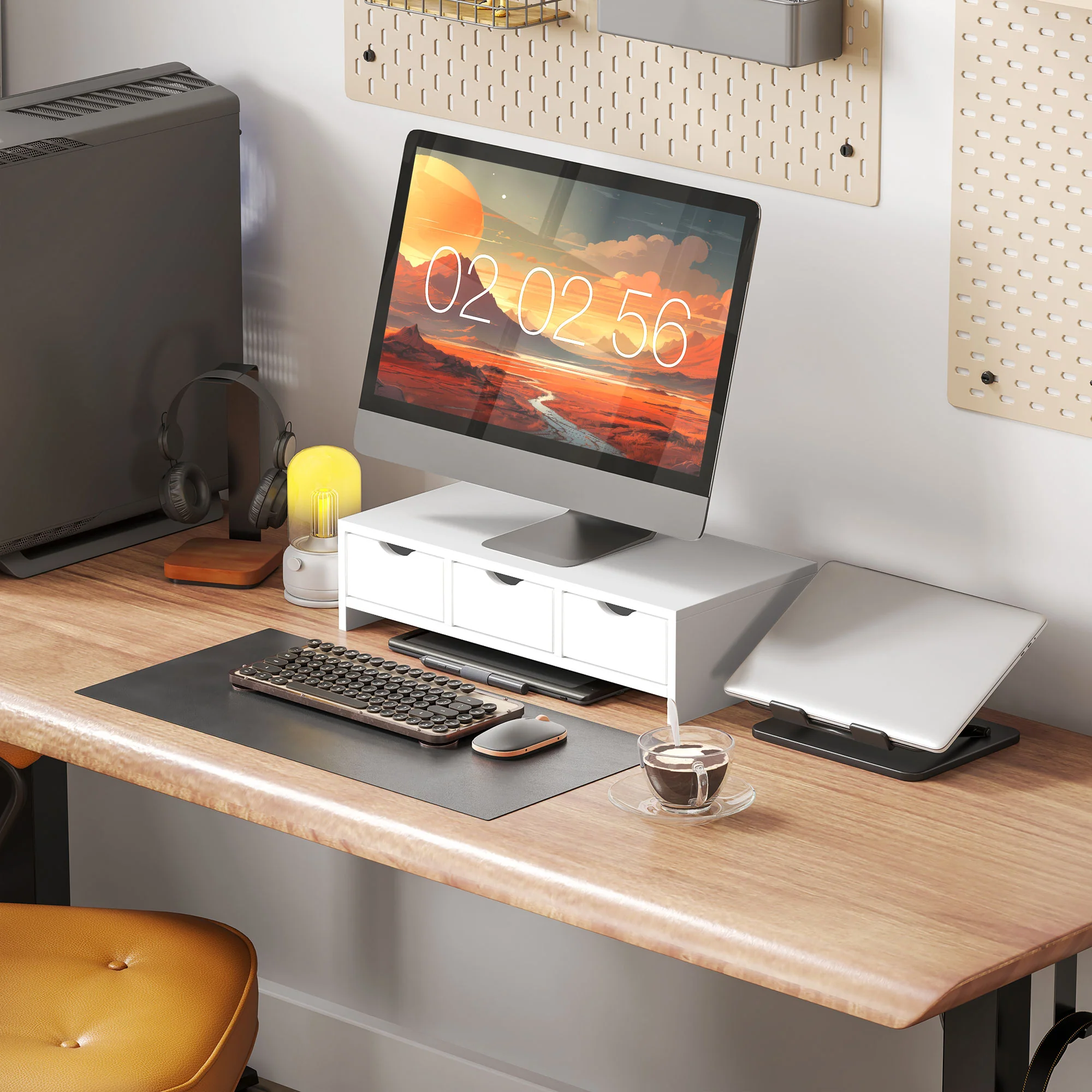 HOMCOM Monitor Stand Riser with 3 Drawers for Laptop, Computer, PC, White - Image 2