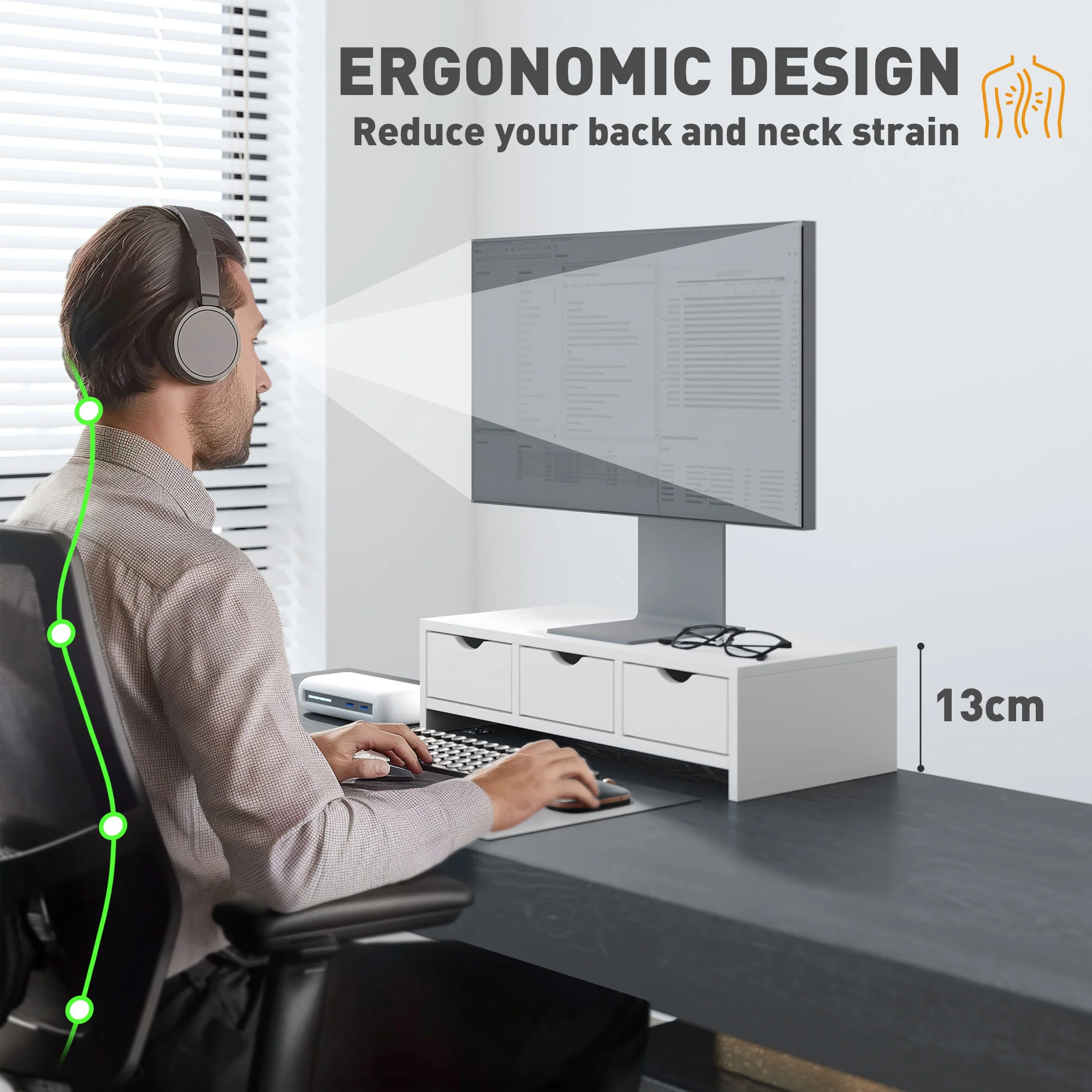 HOMCOM Monitor Stand Riser with 3 Drawers for Laptop, Computer, PC, White - Image 4