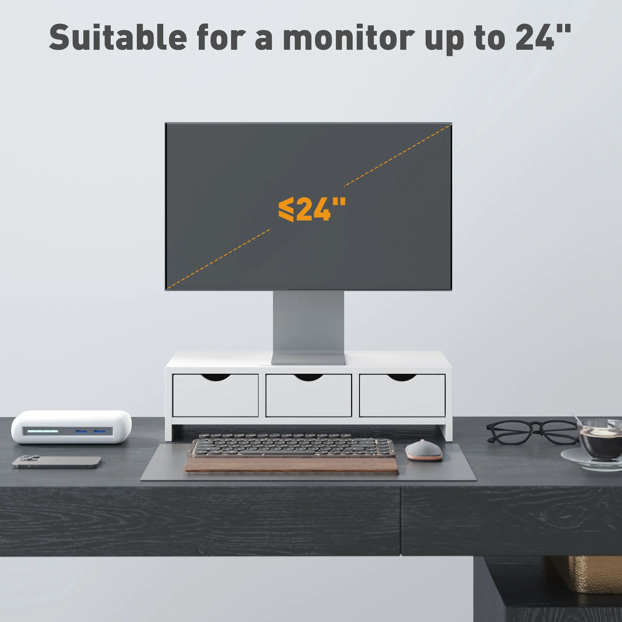 HOMCOM Monitor Stand Riser with 3 Drawers for Laptop, Computer, PC, White - Image 6