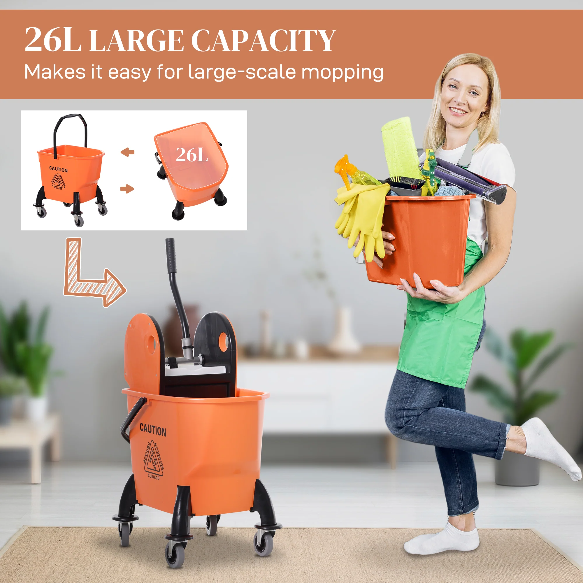HOMCOM Mop Bucket On Wheels With Carry Handle, Mop Holder And Plastic Body - Image 4