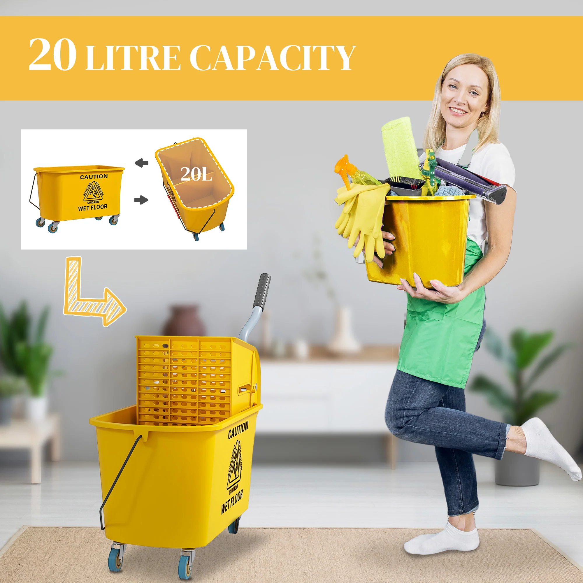 HOMCOM Mop Bucket with Wringer on Wheels for Floor Cleaning 20 Litre Yellow - Image 3