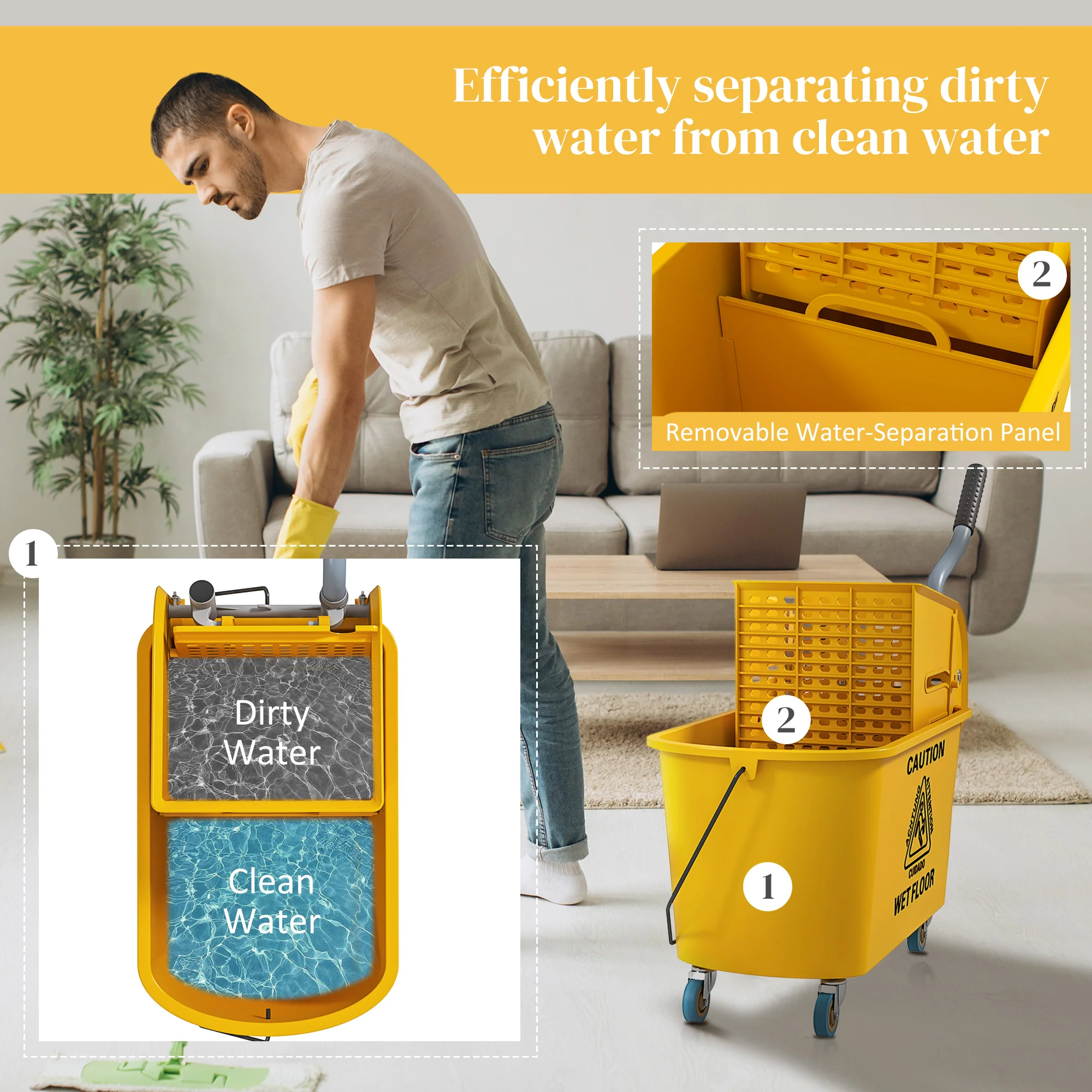 HOMCOM Mop Bucket with Wringer on Wheels for Floor Cleaning 20 Litre Yellow - Image 4