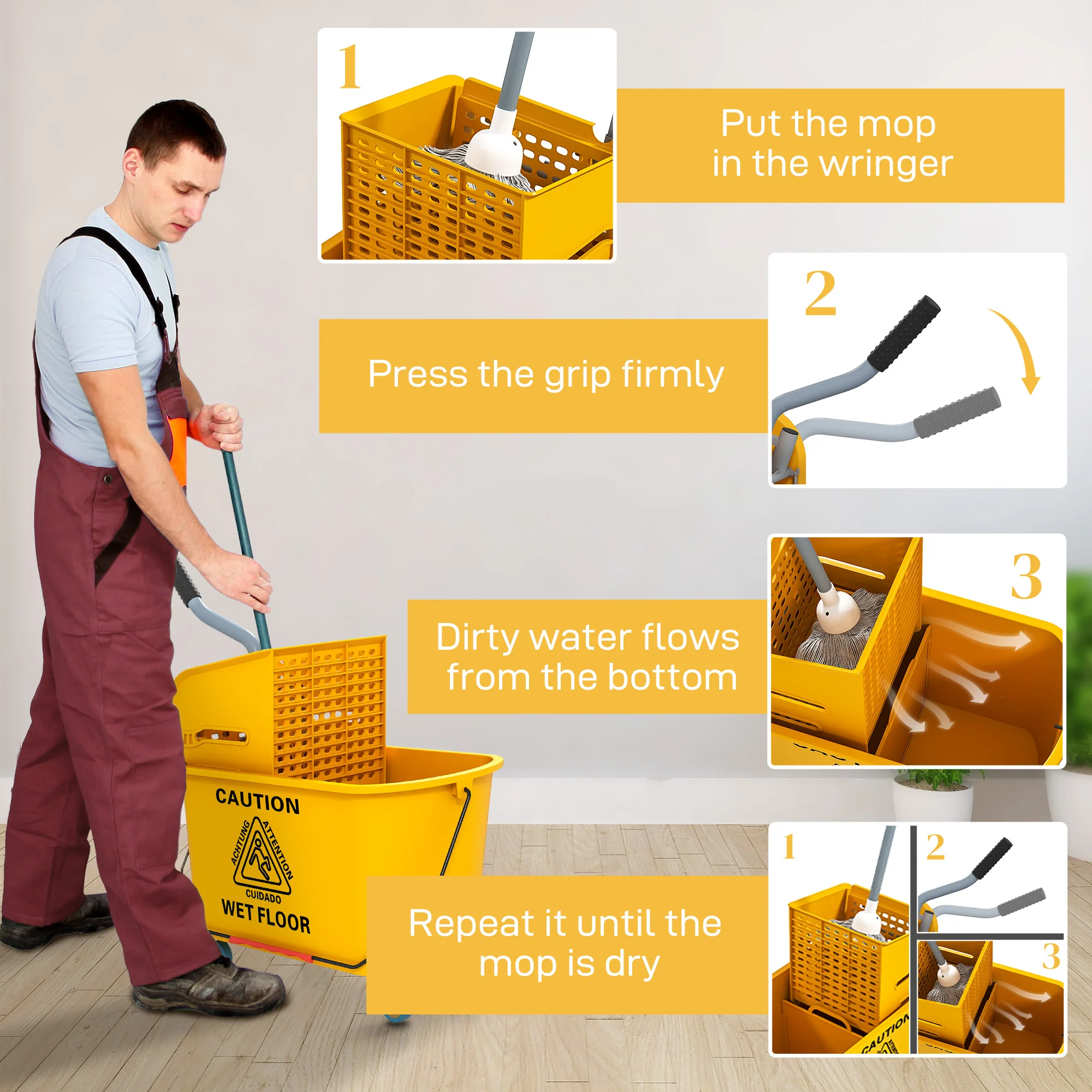 HOMCOM Mop Bucket with Wringer on Wheels for Floor Cleaning 20 Litre Yellow - Image 6