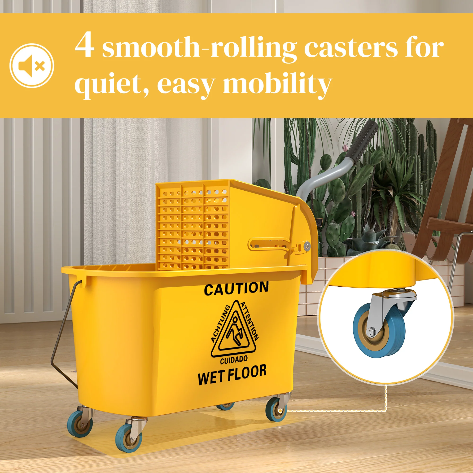 HOMCOM Mop Bucket with Wringer on Wheels for Floor Cleaning 20 Litre Yellow - Image 7