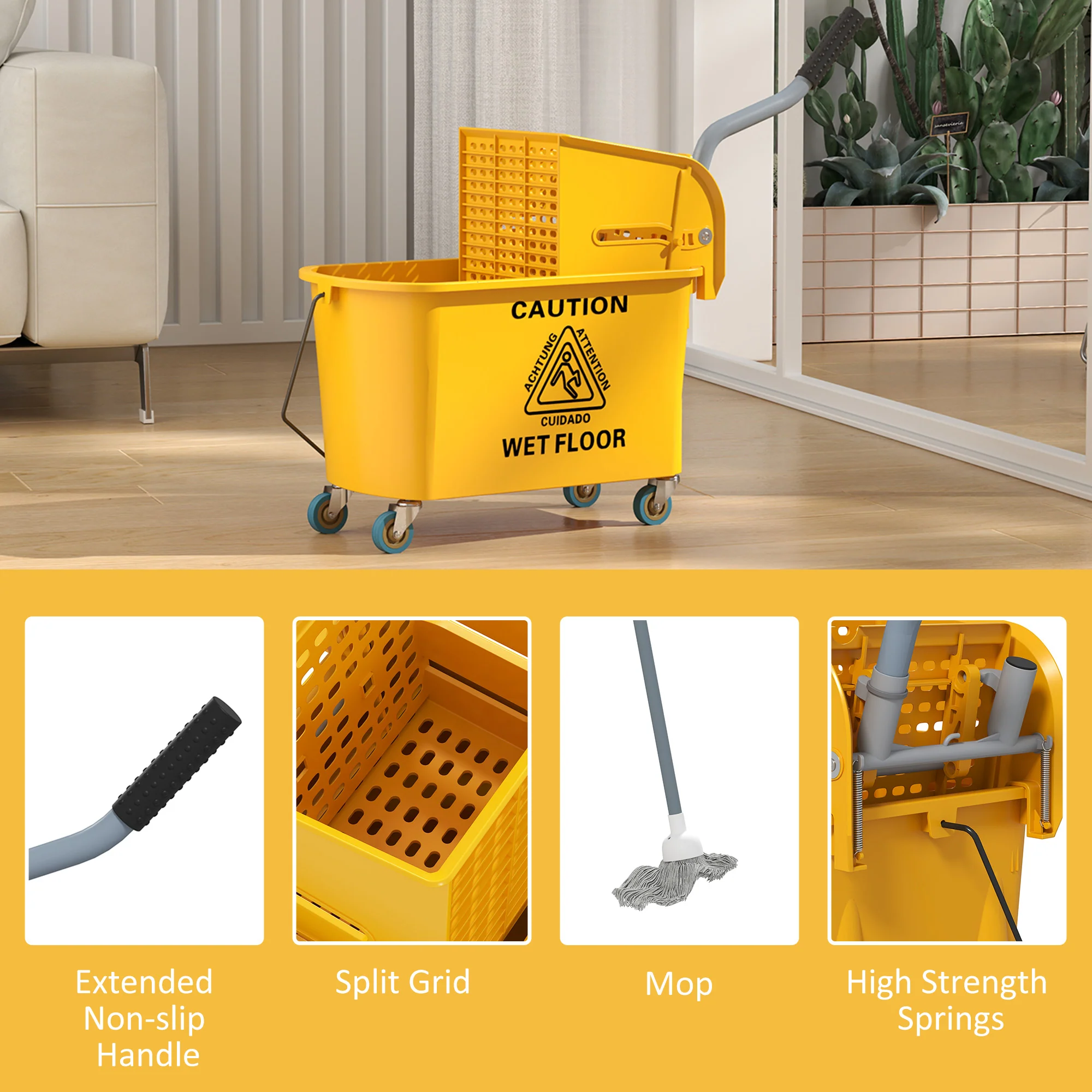 HOMCOM Mop Bucket with Wringer on Wheels for Floor Cleaning 20 Litre Yellow - Image 8