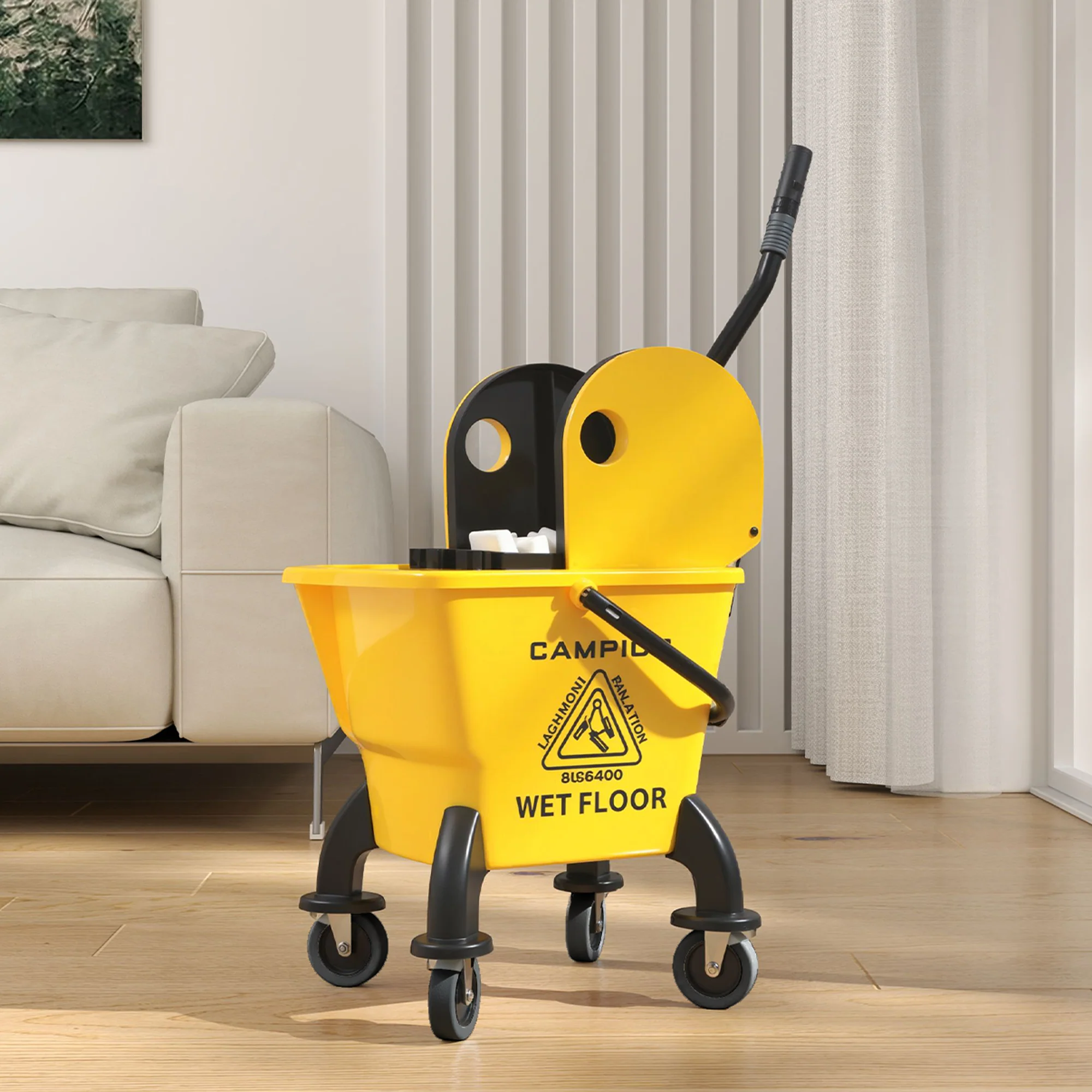 HOMCOM Mop Bucket with Wringer on Wheels for Floor Cleaning 26 Litre Yellow - Image 9