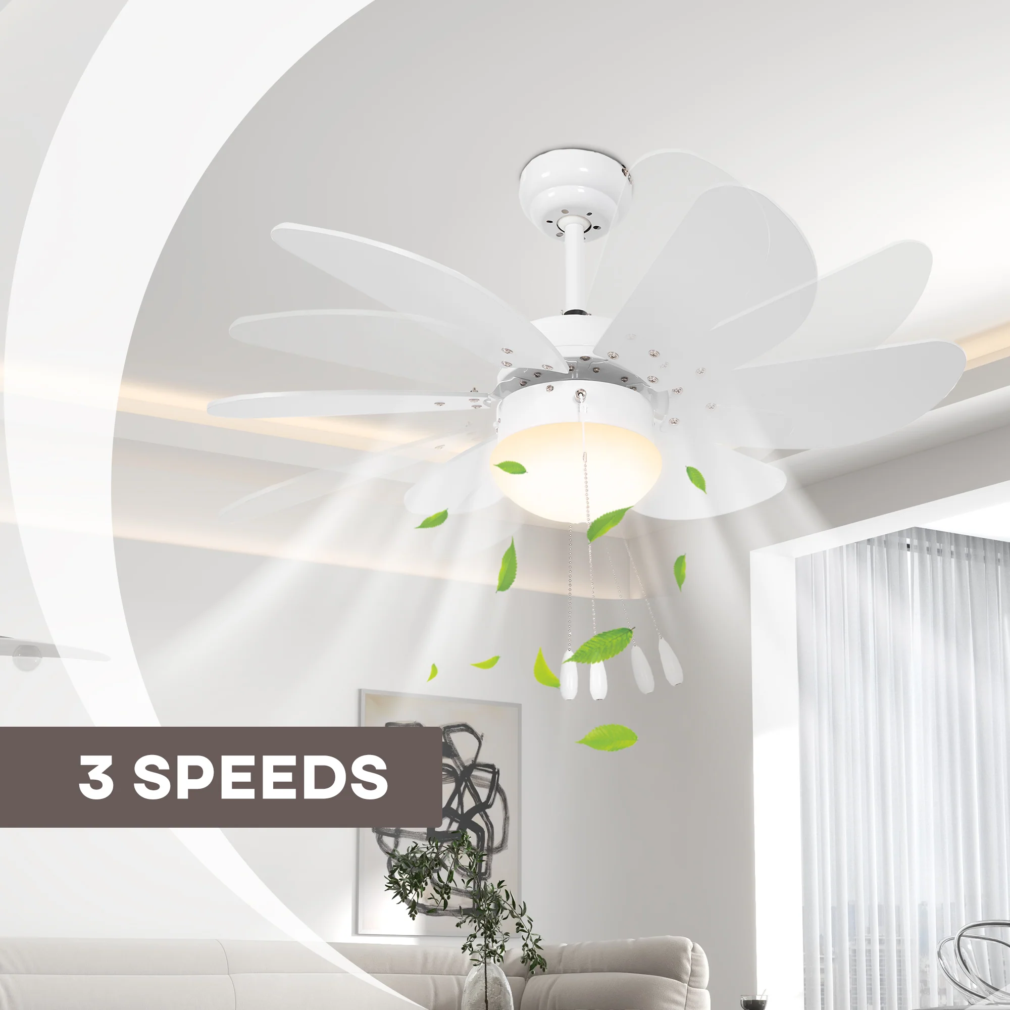 HOMCOM Mounting Reversible Ceiling Fan with Light, Pull-chain Switch, White - Image 3