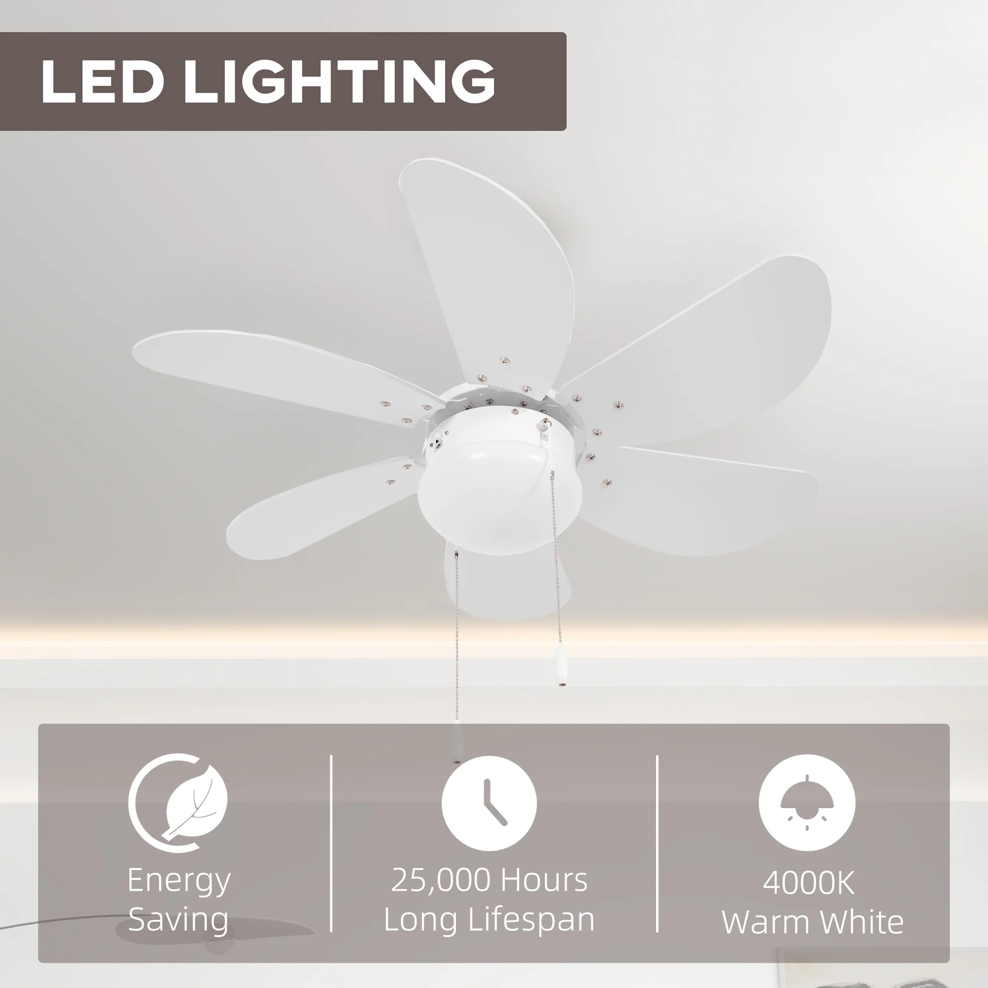 HOMCOM Mounting Reversible Ceiling Fan with Light, Pull-chain Switch, White - Image 4