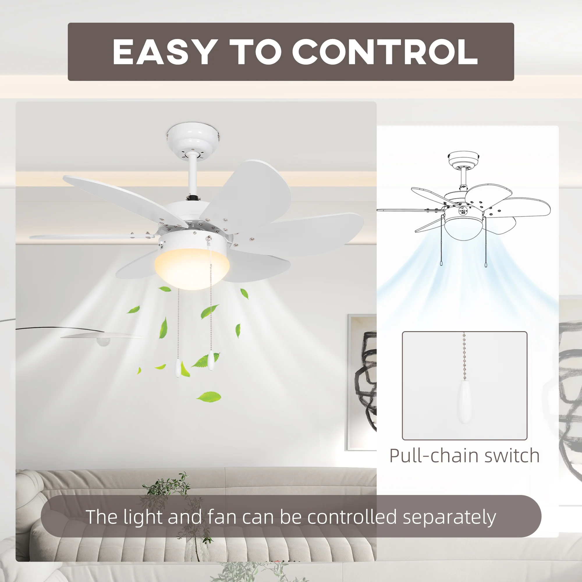 HOMCOM Mounting Reversible Ceiling Fan with Light, Pull-chain Switch, White - Image 8