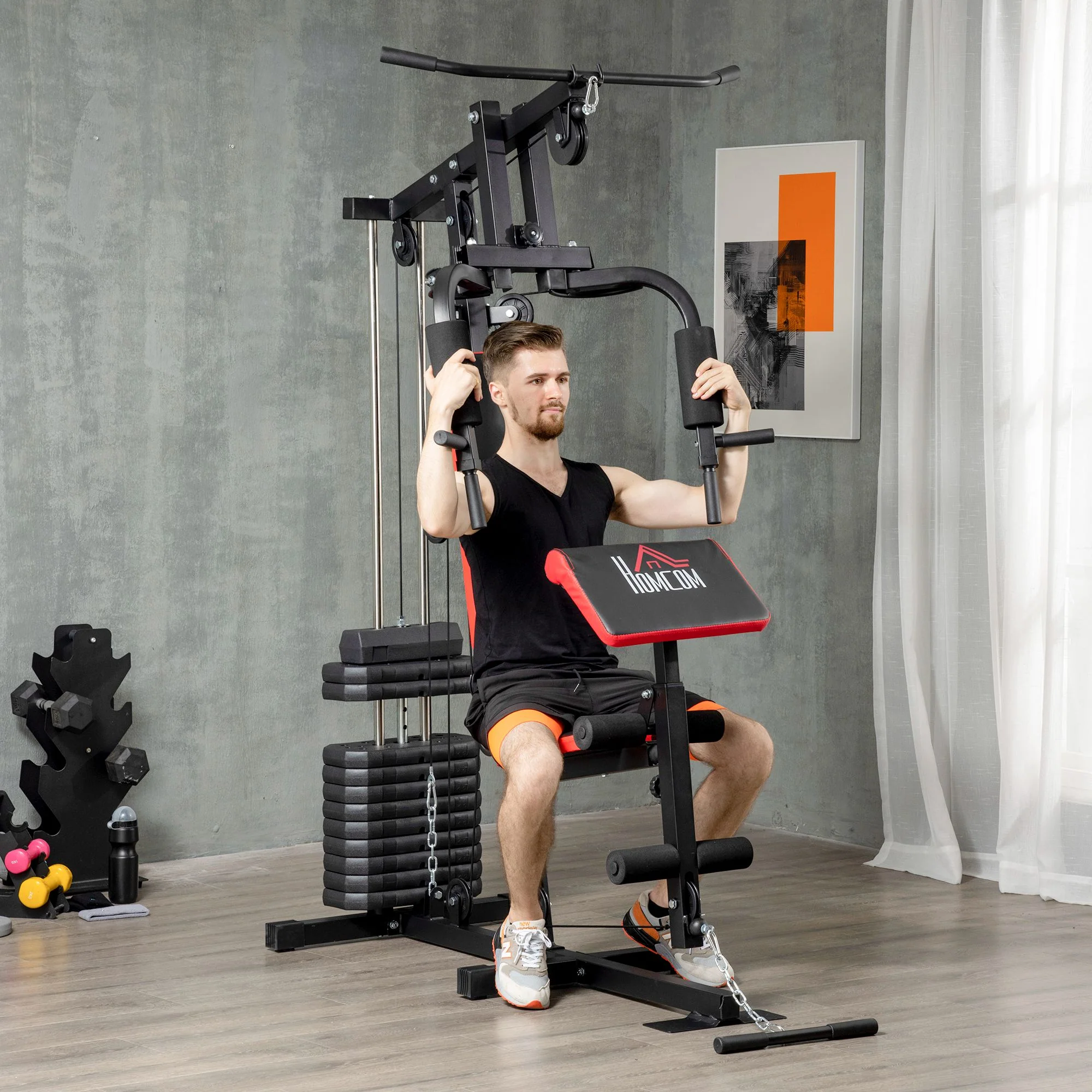 HOMCOM Multi Home Gym Machine with 66kg Weights for Strength Training, Red - Image 2