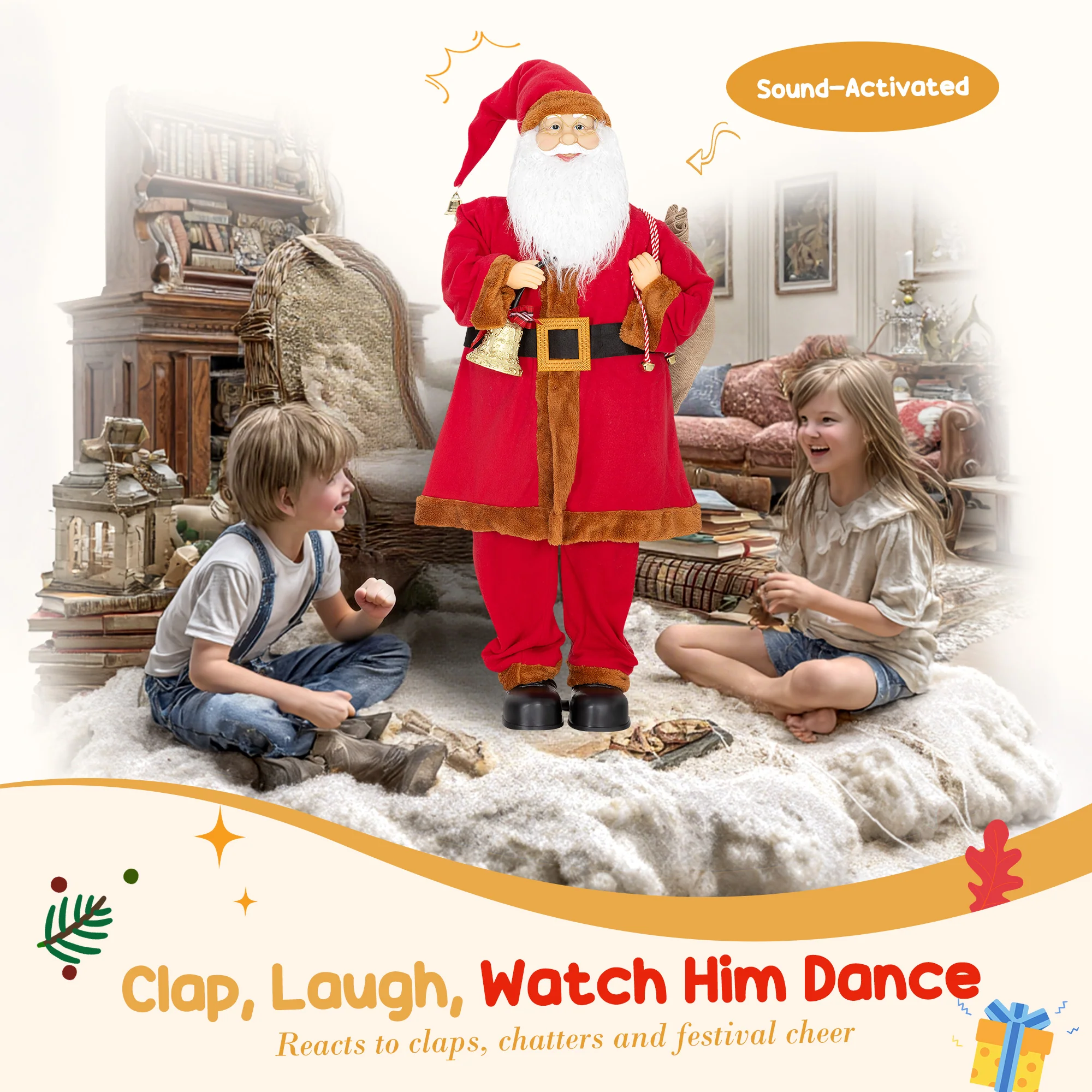 HOMCOM Musical Animated Santa Claus with Music, Dancing, Bell and Sack - Image 5