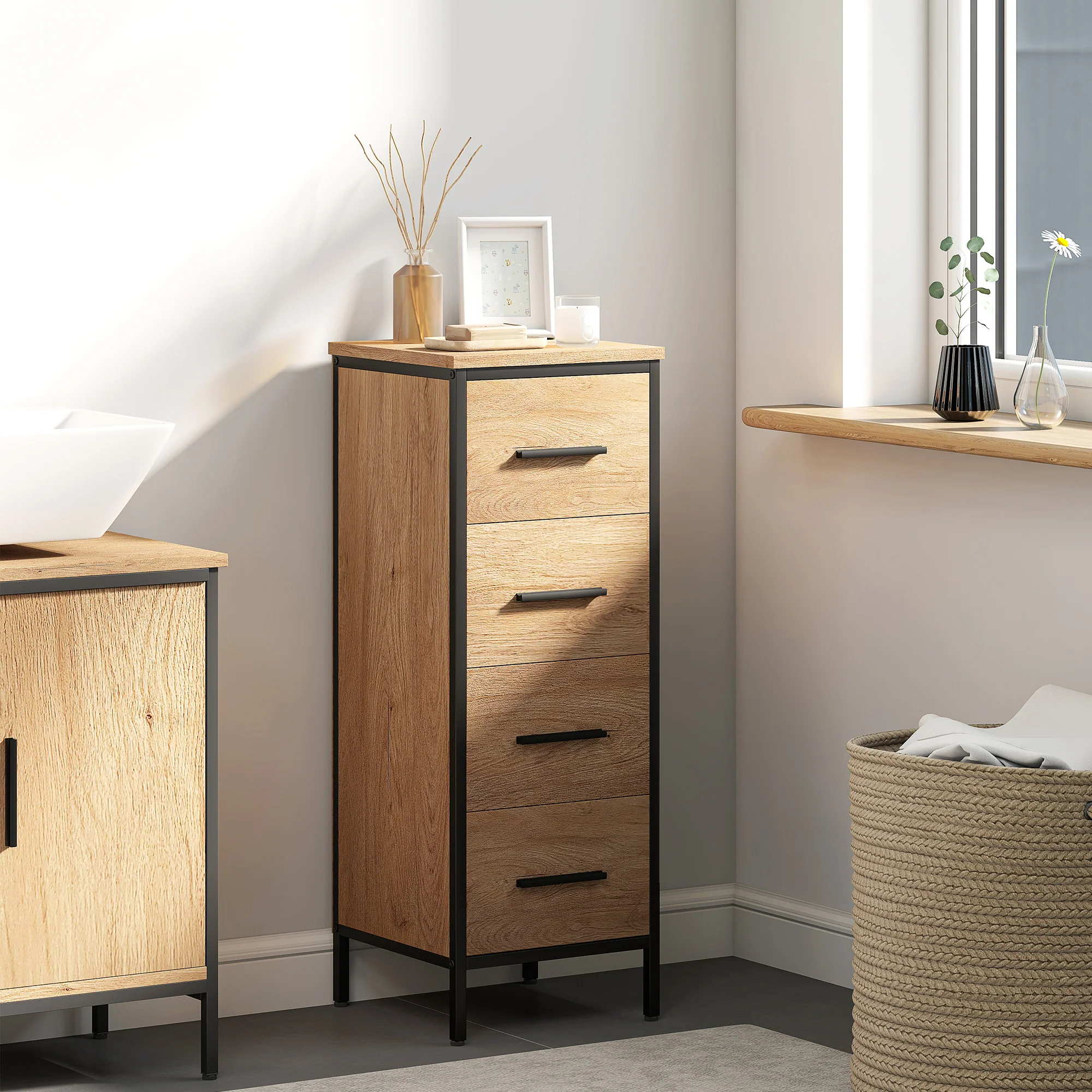 HOMCOM Narrow Bathroom Storage Cabinet with 4 Drawers for Small Spaces, Oak - Image 2