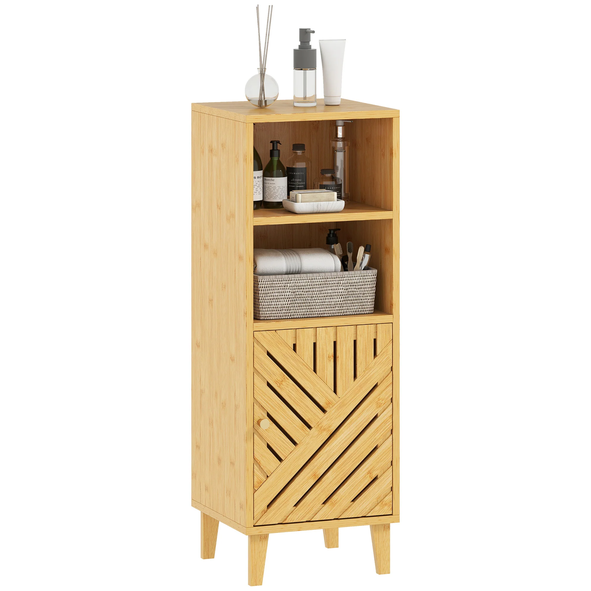 HOMCOM Narrow Bathroom Storage Cabinet With Open Compartments, Natural