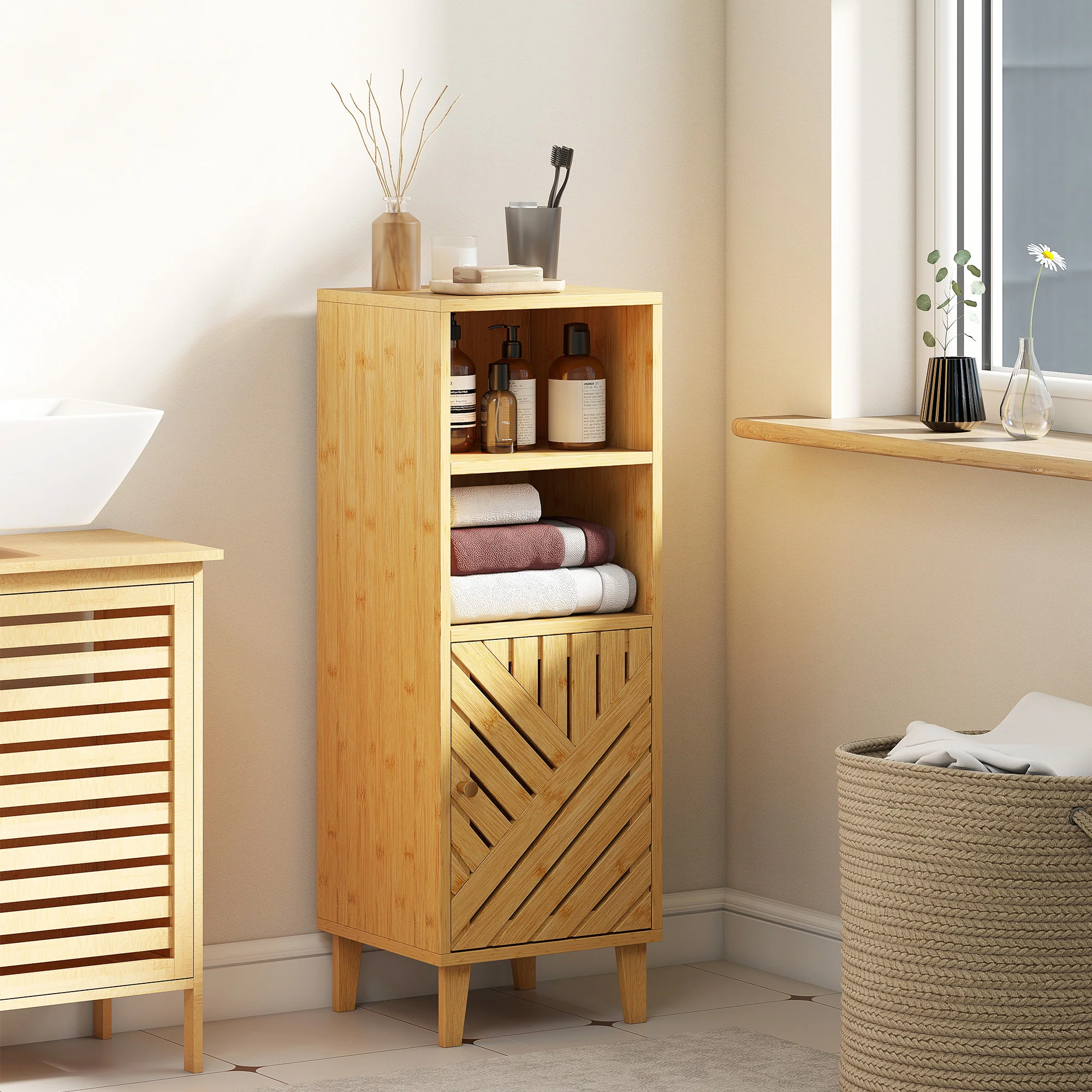 HOMCOM Narrow Bathroom Storage Cabinet With Open Compartments, Natural - Image 2