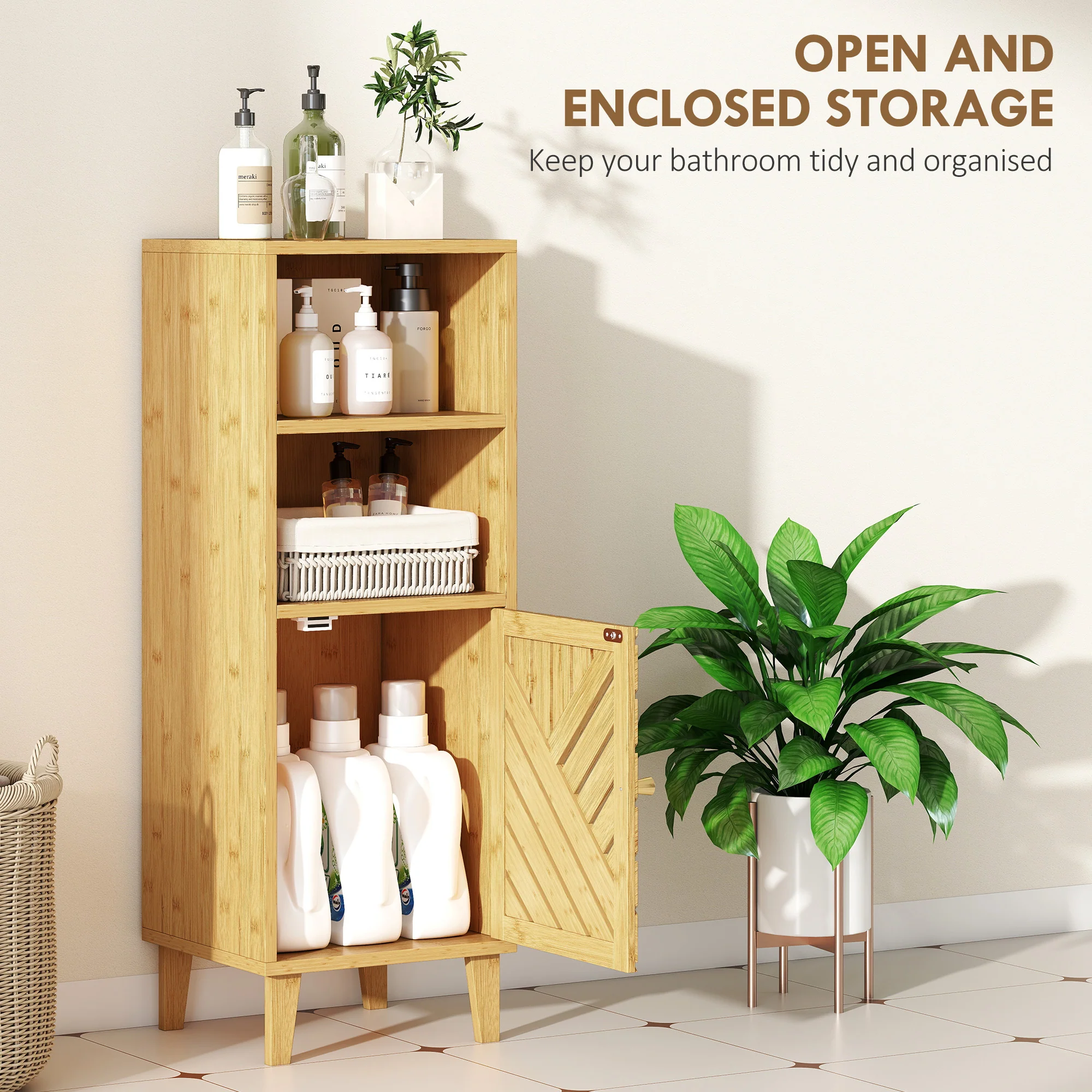 HOMCOM Narrow Bathroom Storage Cabinet With Open Compartments, Natural - Image 3