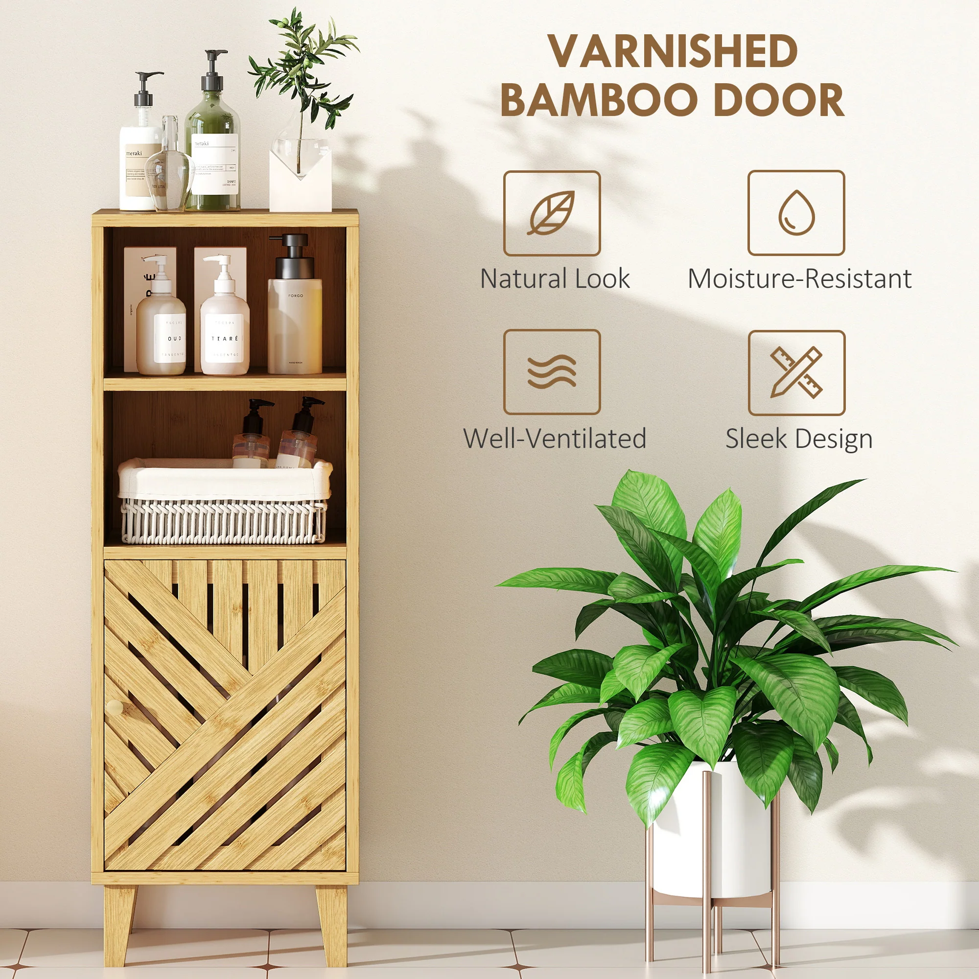 HOMCOM Narrow Bathroom Storage Cabinet With Open Compartments, Natural - Image 4