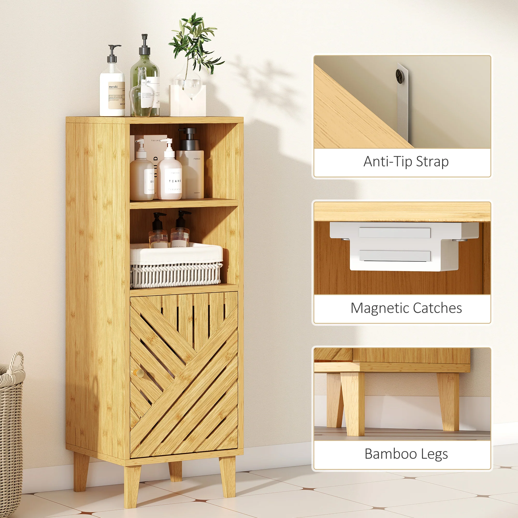 HOMCOM Narrow Bathroom Storage Cabinet With Open Compartments, Natural - Image 6