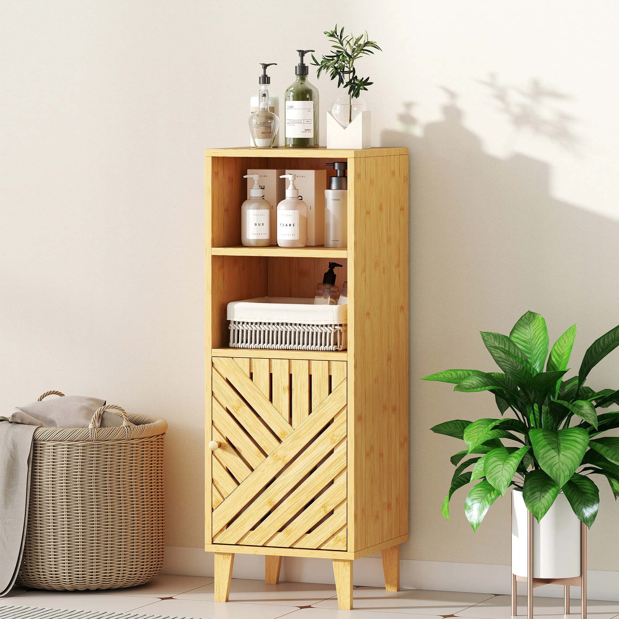 HOMCOM Narrow Bathroom Storage Cabinet With Open Compartments, Natural - Image 7