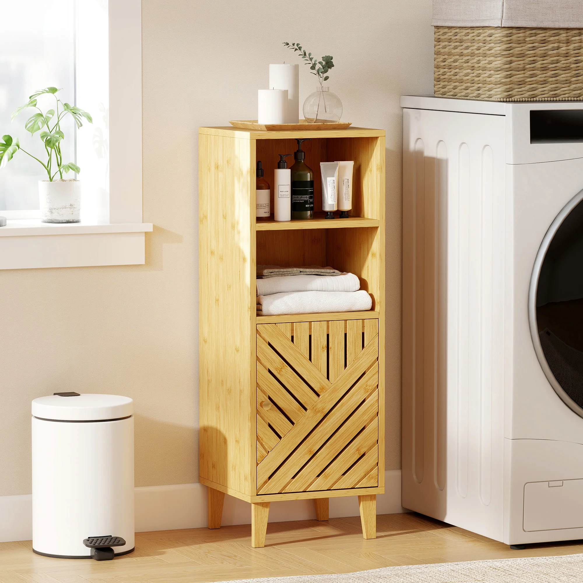 HOMCOM Narrow Bathroom Storage Cabinet With Open Compartments, Natural - Image 8