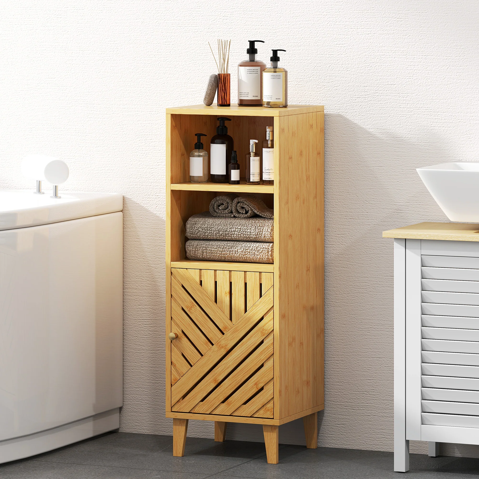 HOMCOM Narrow Bathroom Storage Cabinet With Open Compartments, Natural - Image 9
