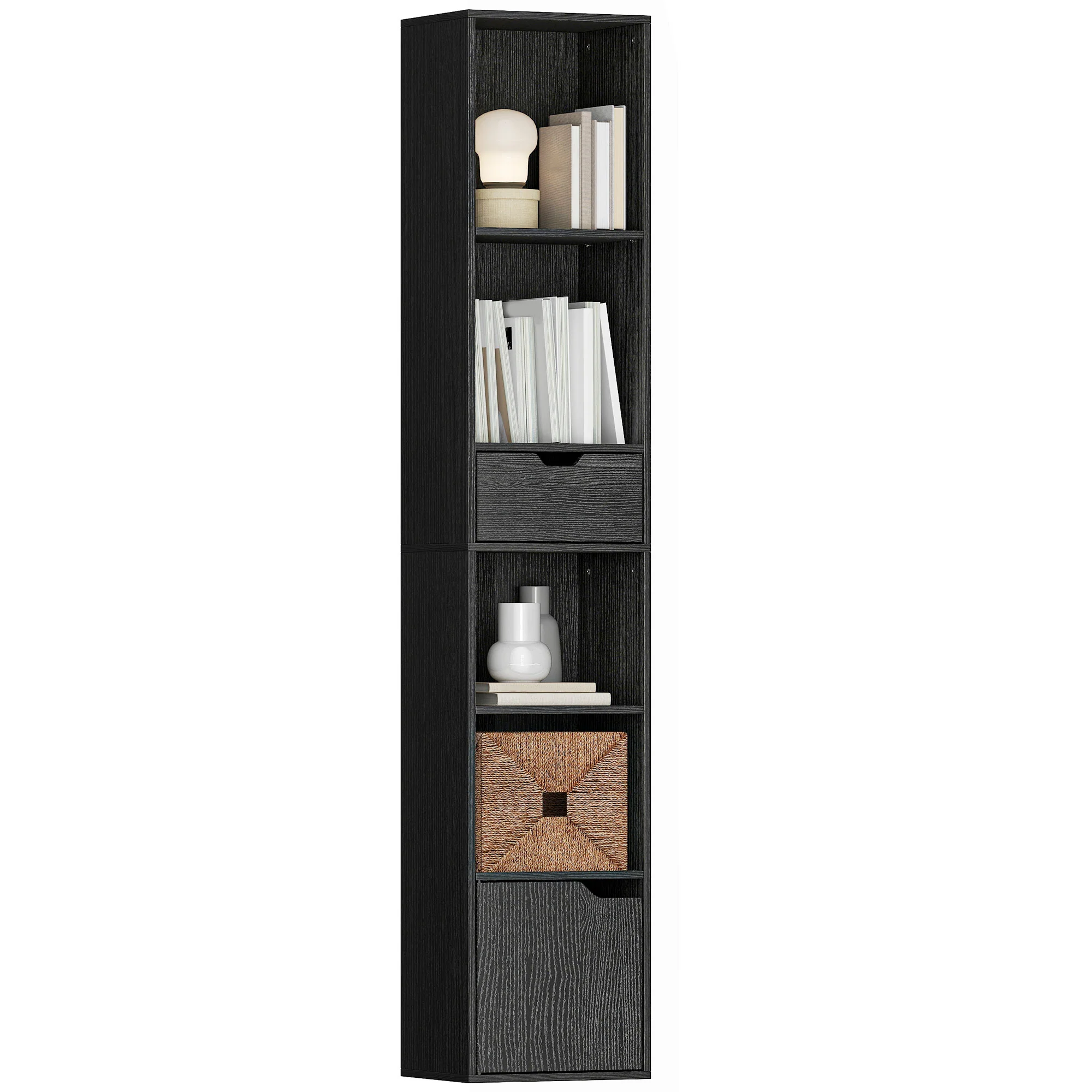 HOMCOM Narrow Bookshelf with Drawer, Tall Bookcase for Living Room, Black