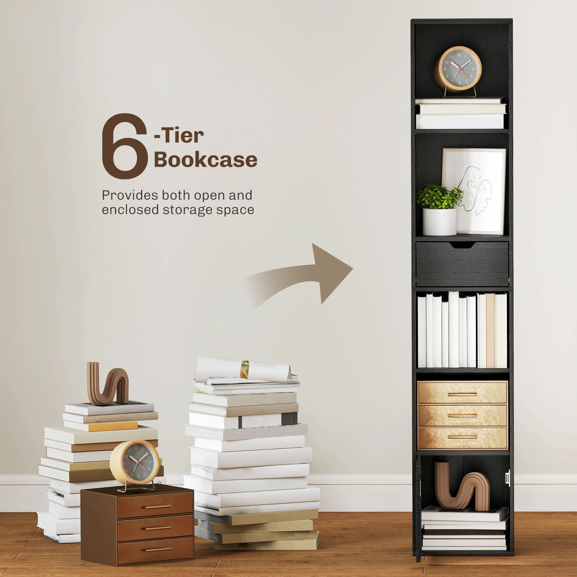 HOMCOM Narrow Bookshelf with Drawer, Tall Bookcase for Living Room, Black - Image 3