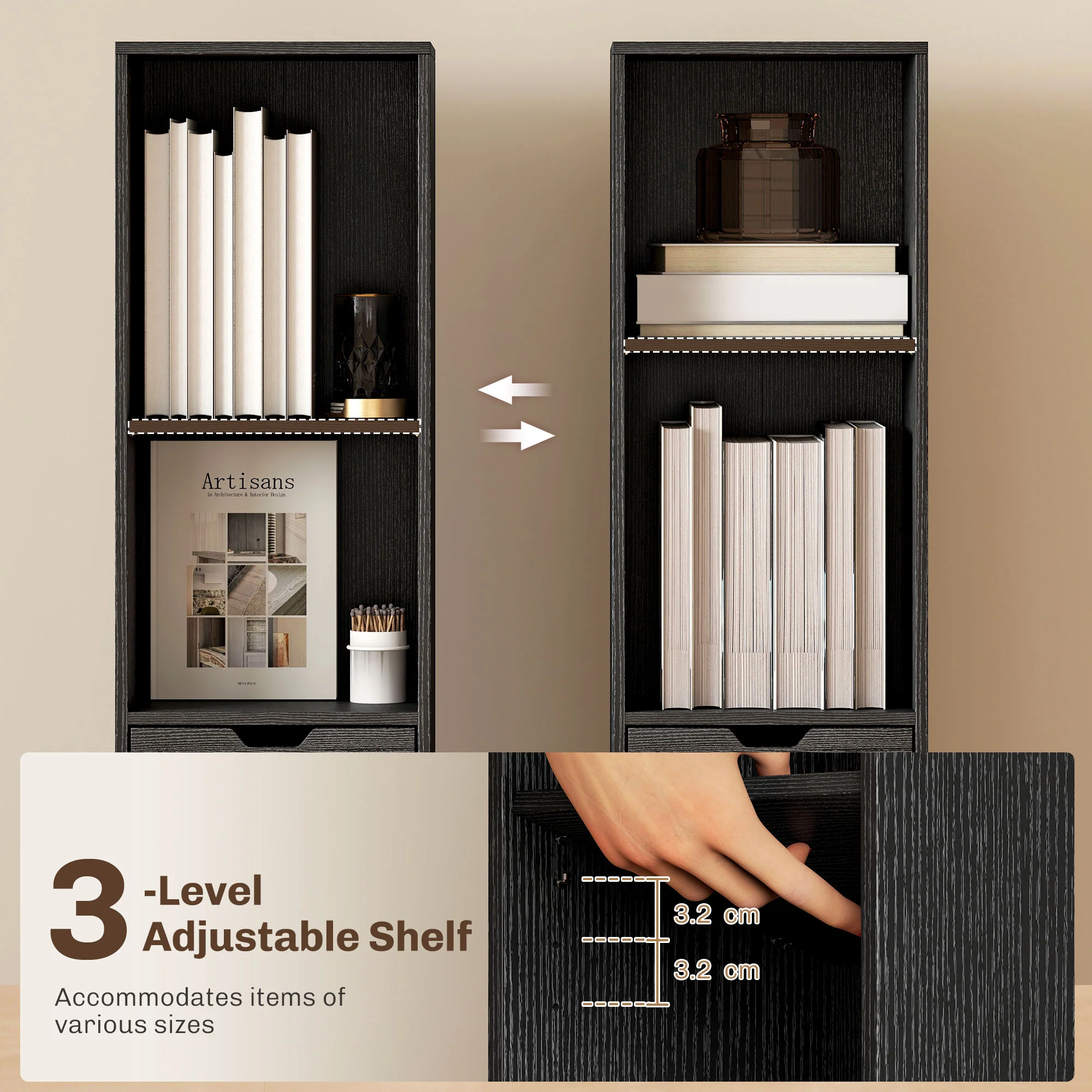 HOMCOM Narrow Bookshelf with Drawer, Tall Bookcase for Living Room, Black - Image 4