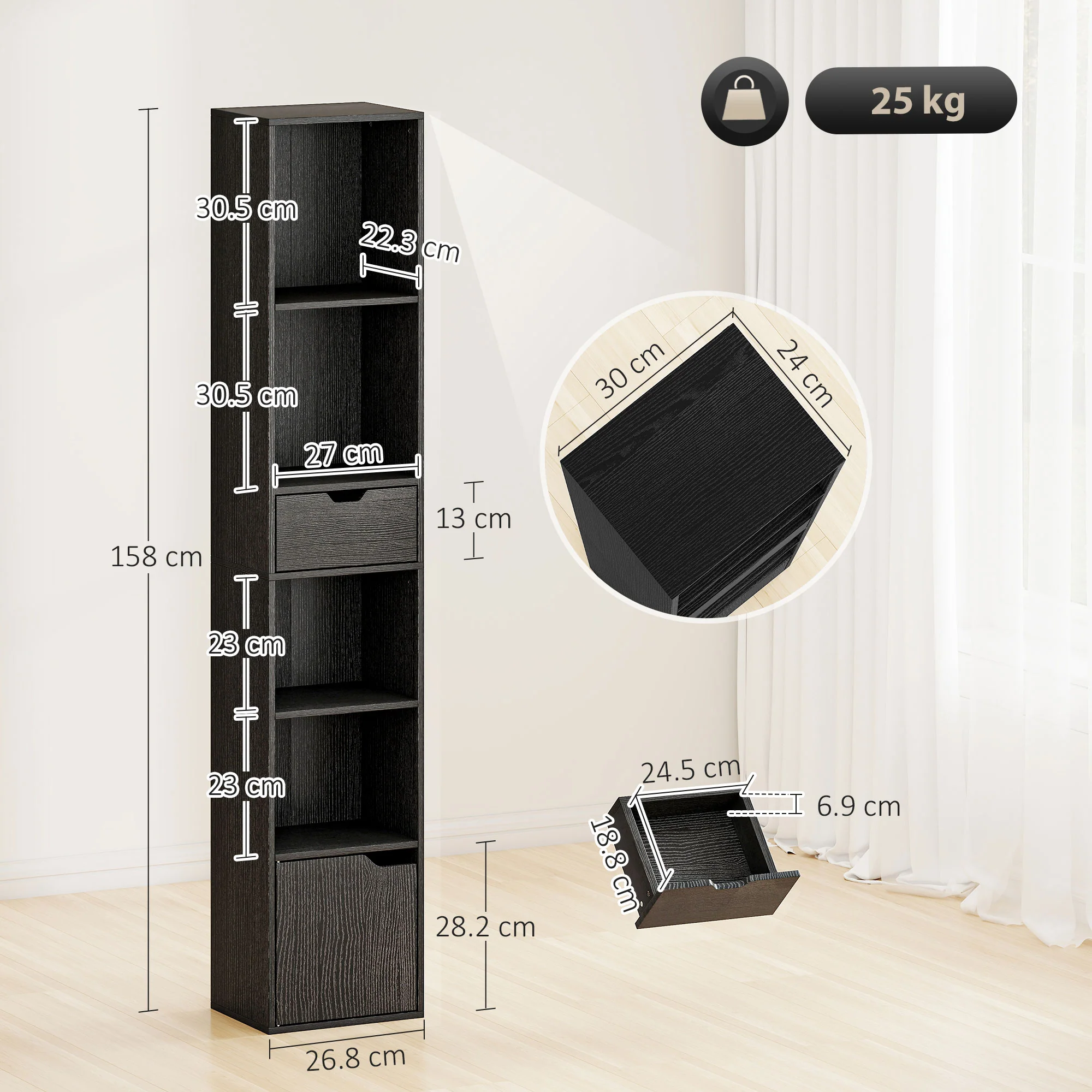 HOMCOM Narrow Bookshelf with Drawer, Tall Bookcase for Living Room, Black - Image 5