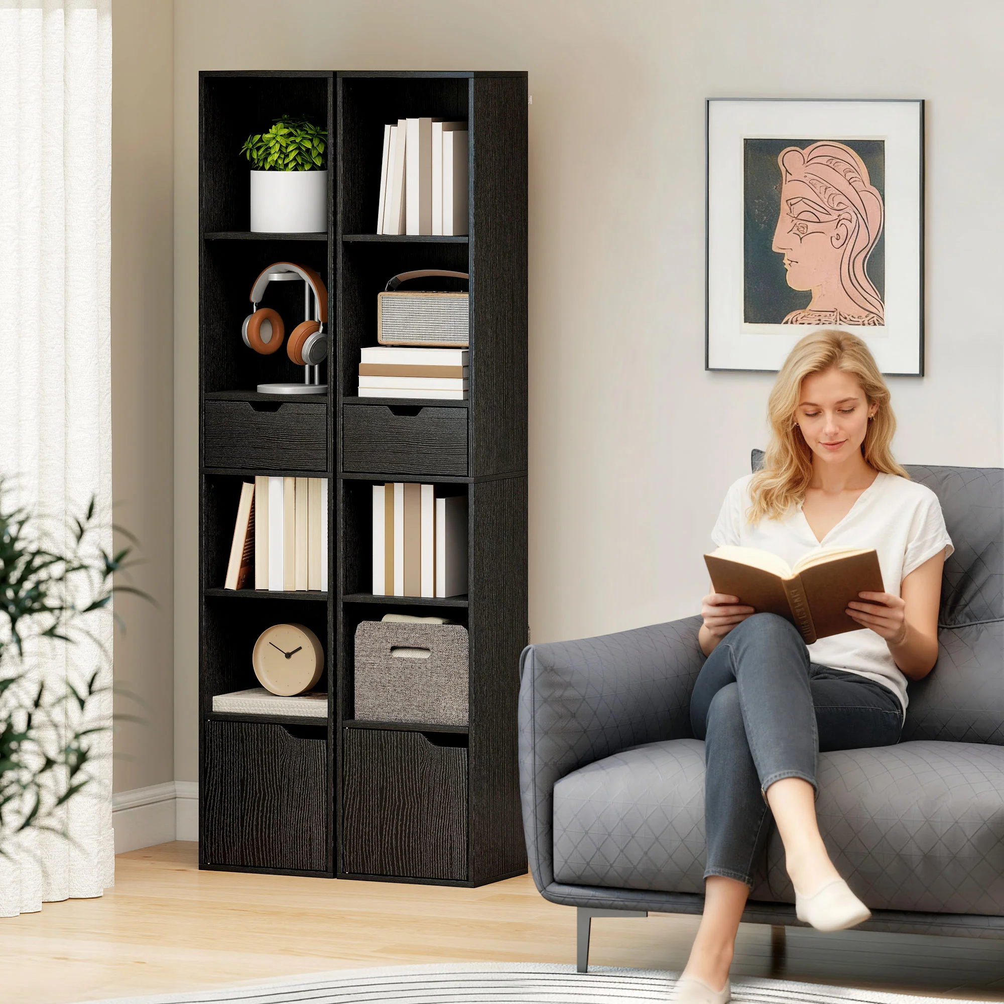 HOMCOM Narrow Bookshelf with Drawer, Tall Bookcase for Living Room, Black - Image 7