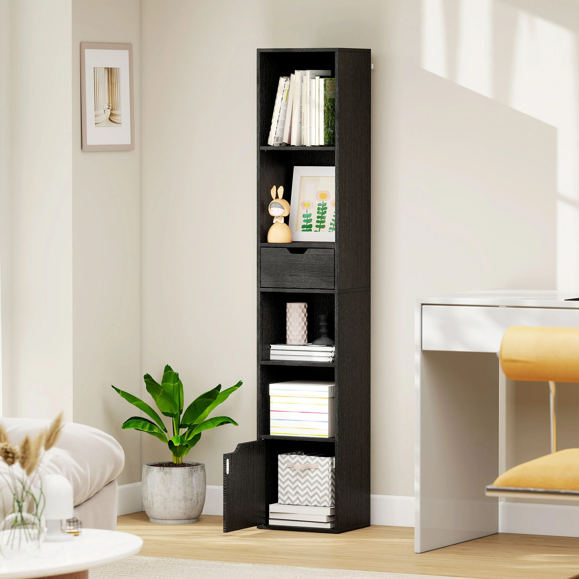 HOMCOM Narrow Bookshelf with Drawer, Tall Bookcase for Living Room, Black - Image 9