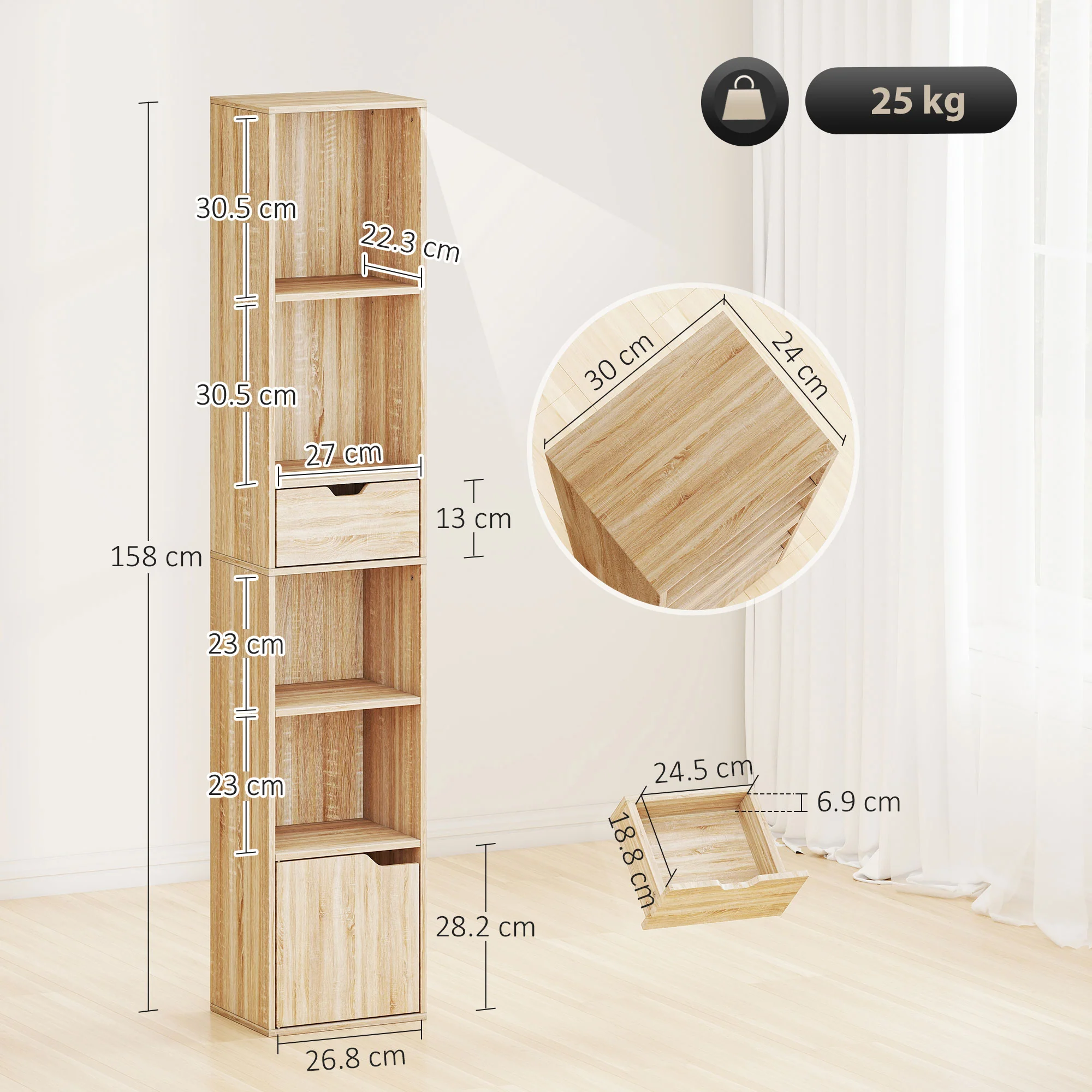 HOMCOM Narrow Bookshelf with Drawer, Tall Bookcase for Living Room, Natural - Image 5
