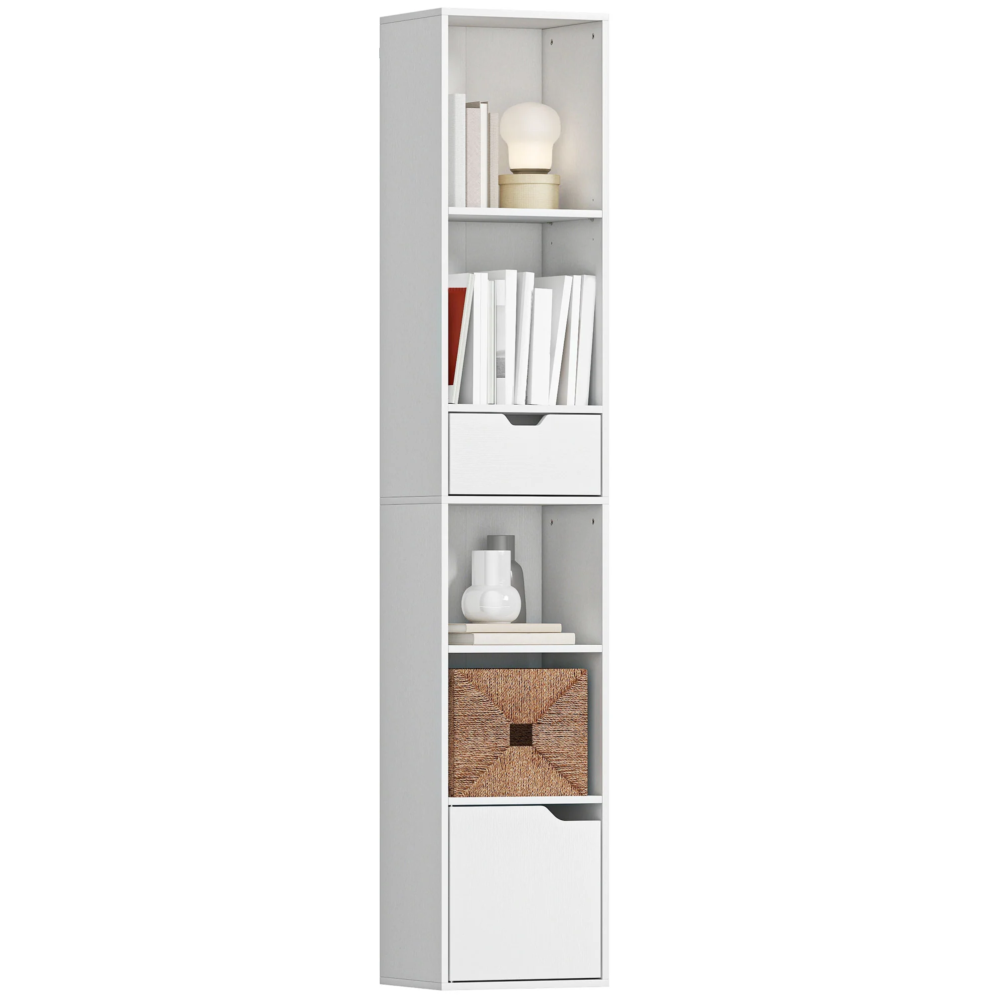 HOMCOM Narrow Bookshelf with Drawer, Tall Bookcase for Living Room, White