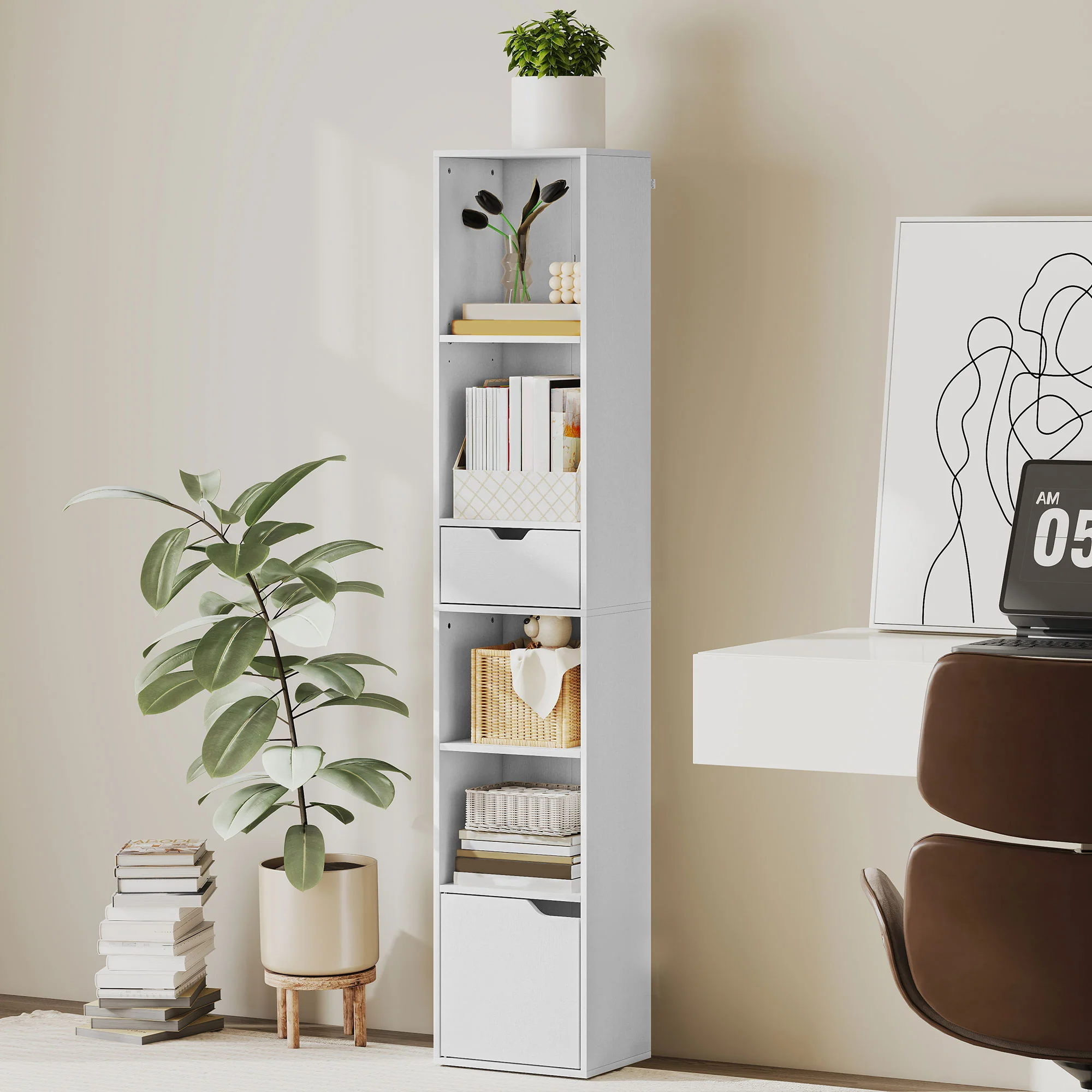 HOMCOM Narrow Bookshelf with Drawer, Tall Bookcase for Living Room, White - Image 2