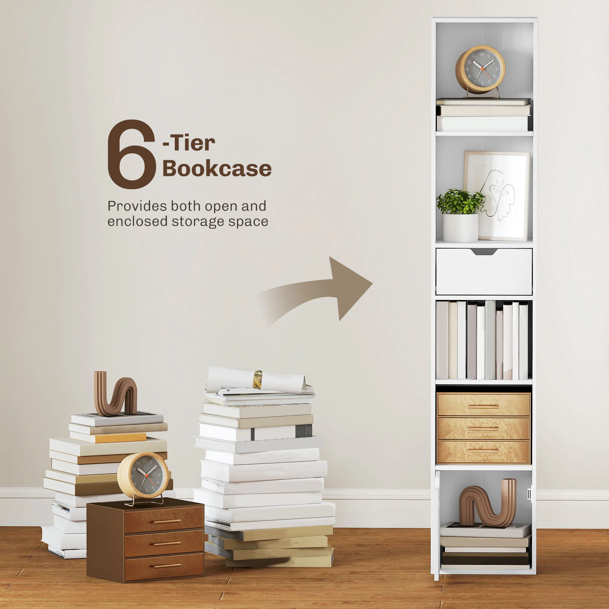 HOMCOM Narrow Bookshelf with Drawer, Tall Bookcase for Living Room, White - Image 3