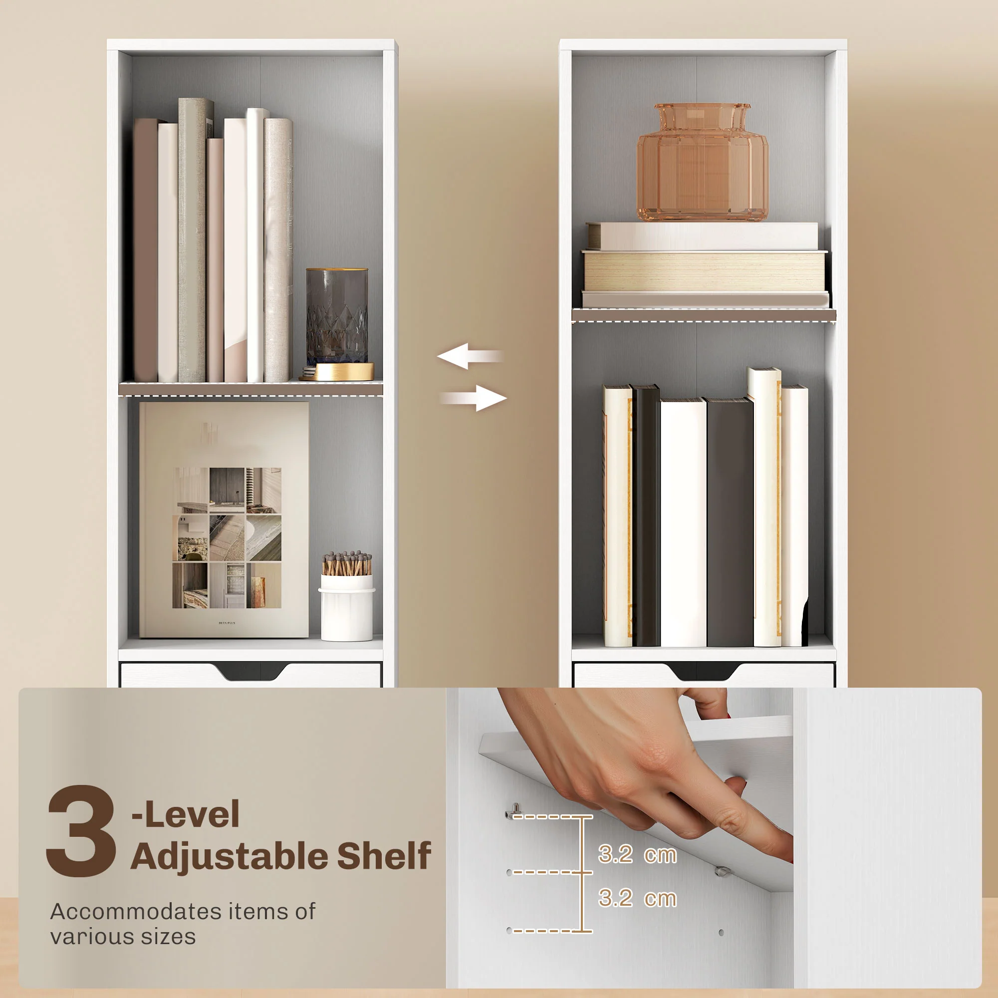 HOMCOM Narrow Bookshelf with Drawer, Tall Bookcase for Living Room, White - Image 4