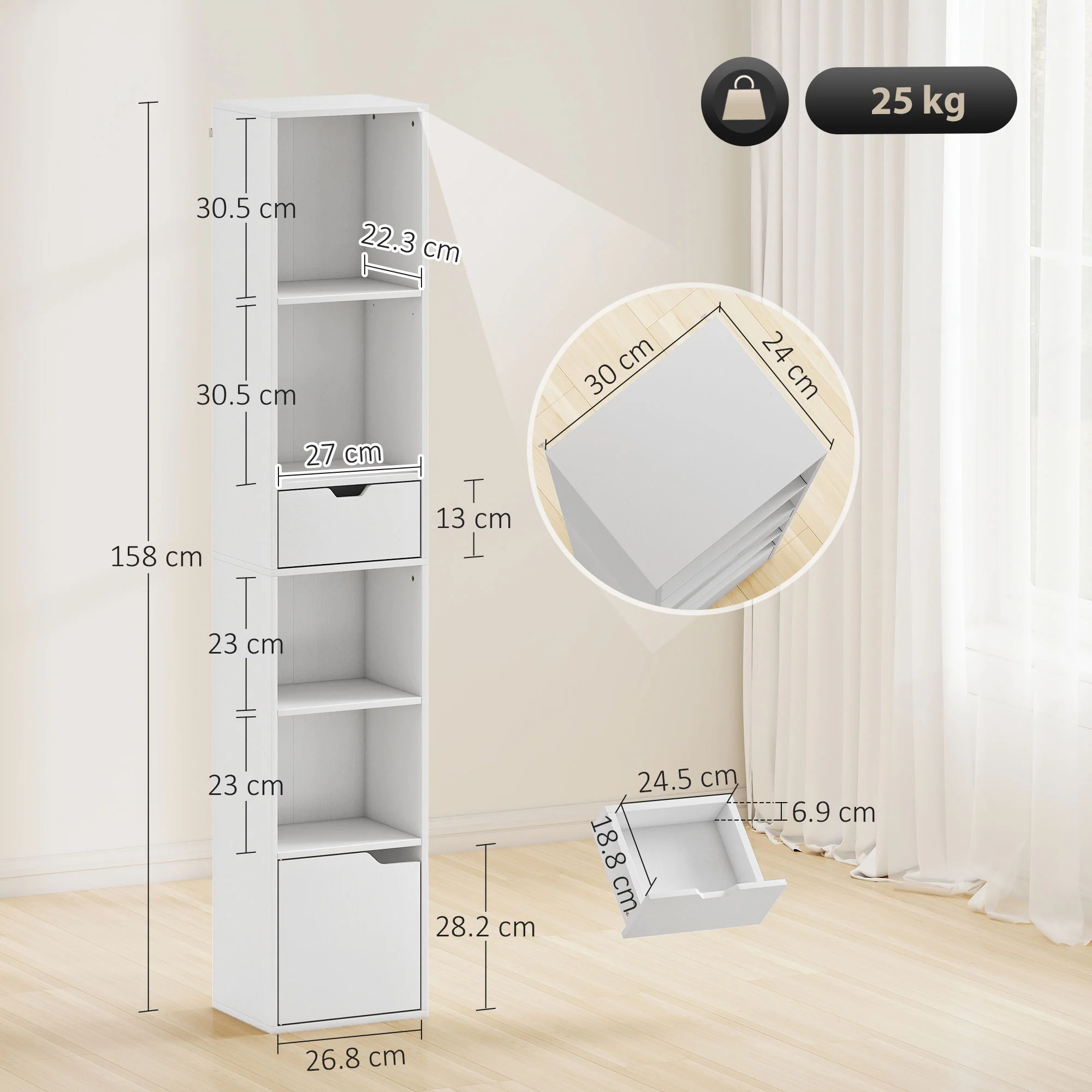 HOMCOM Narrow Bookshelf with Drawer, Tall Bookcase for Living Room, White - Image 5