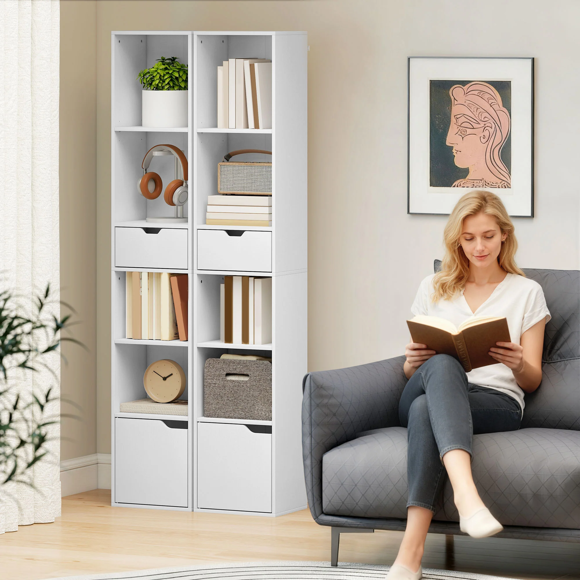 HOMCOM Narrow Bookshelf with Drawer, Tall Bookcase for Living Room, White - Image 7