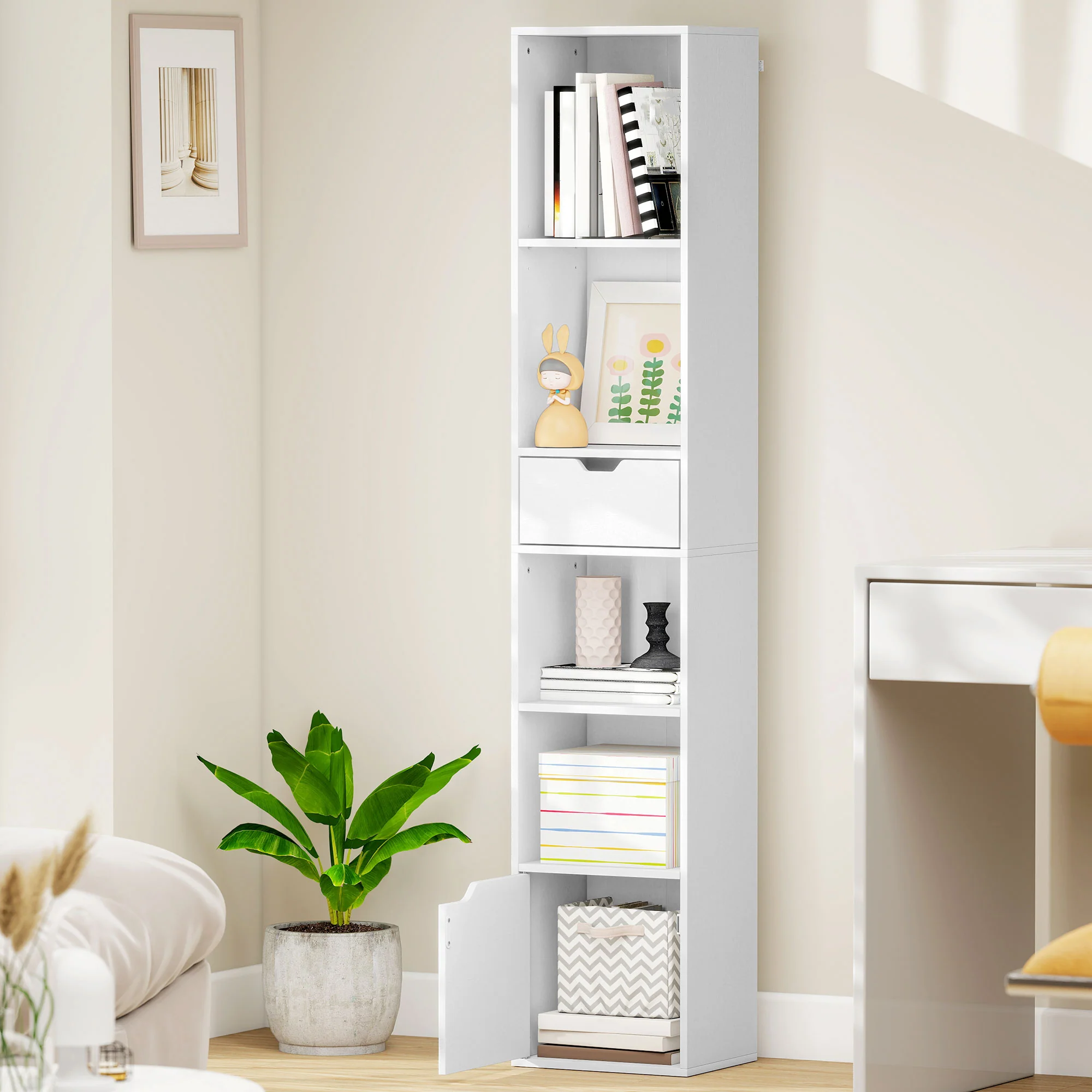 HOMCOM Narrow Bookshelf with Drawer, Tall Bookcase for Living Room, White - Image 9