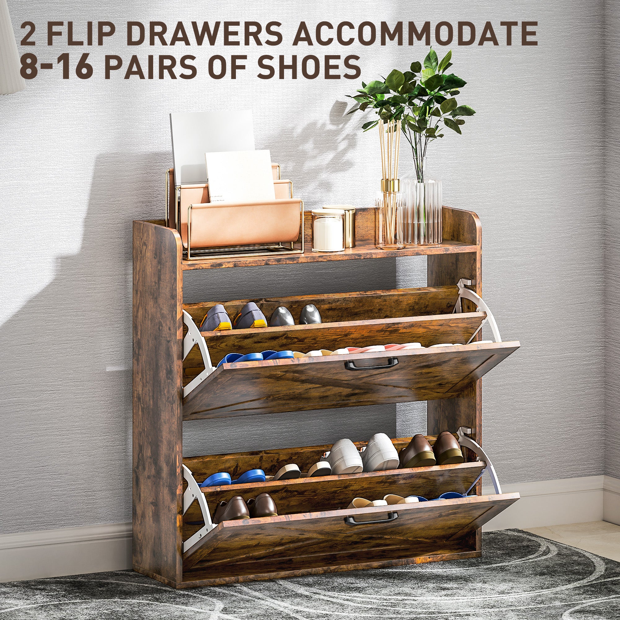 HOMCOM Narrow Shoe Cabinet Farmhouse Slim Shoe Storage Cabinet Rustic Brown - Image 3
