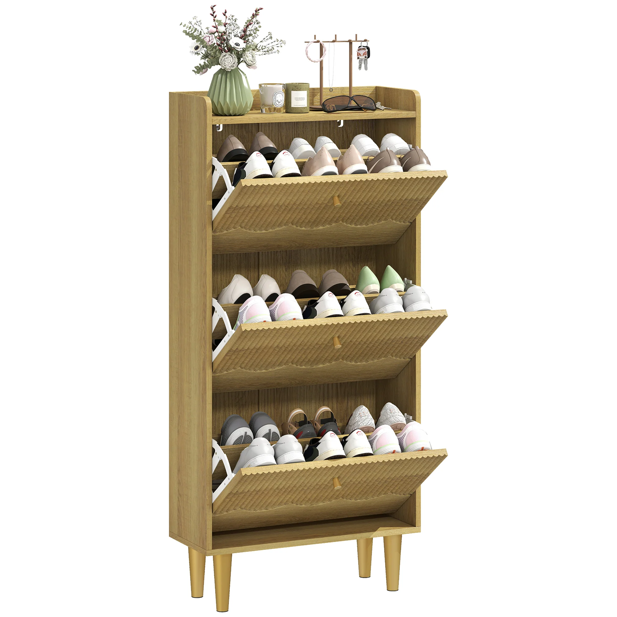 HOMCOM Narrow Shoe Cabinet, Shoe Storage Cabinet with 3 Flip Drawers, Oak