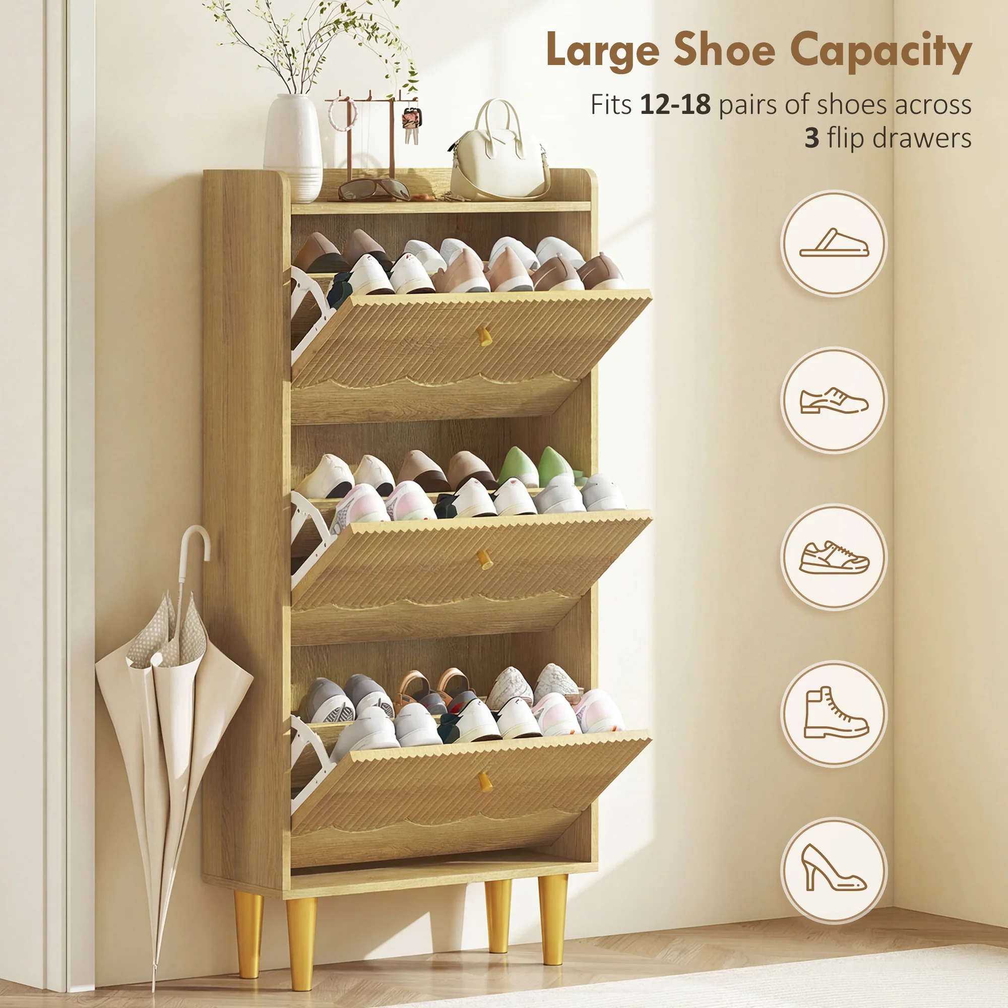 HOMCOM Narrow Shoe Cabinet, Shoe Storage Cabinet with 3 Flip Drawers, Oak - Image 5