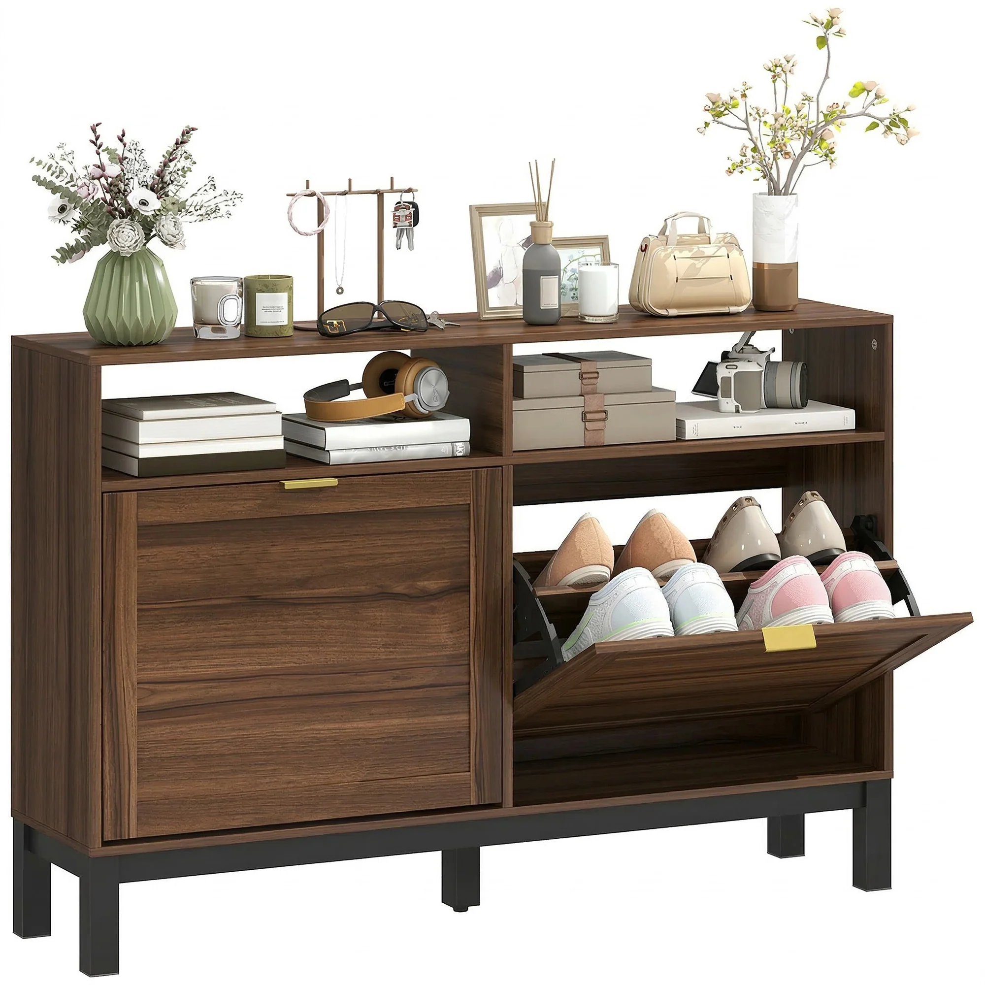 HOMCOM Narrow Shoe Cabinet with 2 Flip Drawers, Modern Shoe Storage Cabinet