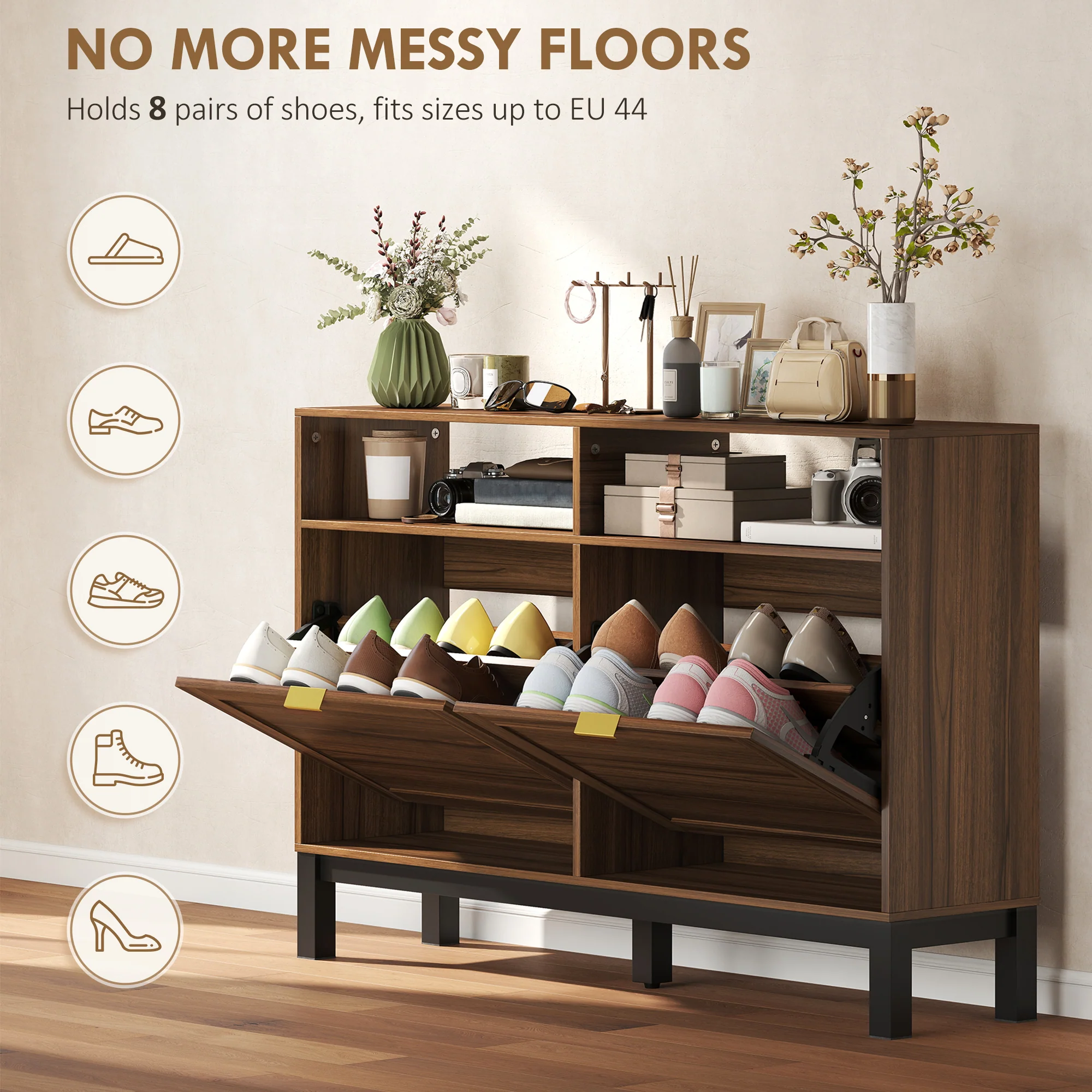 HOMCOM Narrow Shoe Cabinet with 2 Flip Drawers, Modern Shoe Storage Cabinet - Image 3