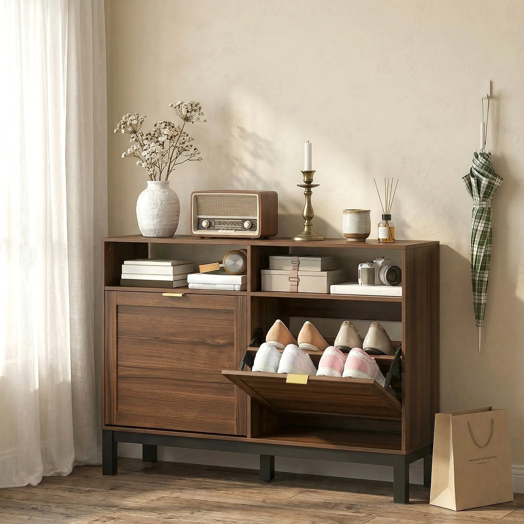HOMCOM Narrow Shoe Cabinet with 2 Flip Drawers, Modern Shoe Storage Cabinet - Image 8