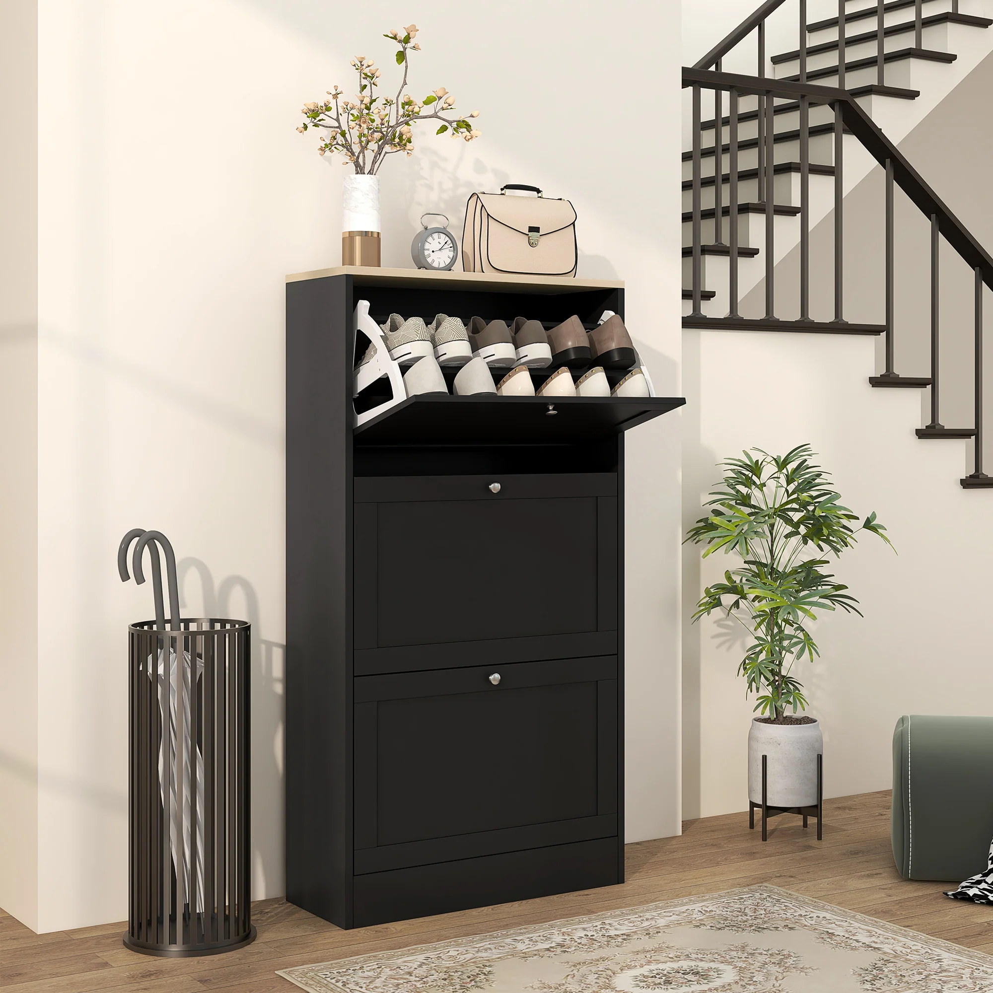 HOMCOM Narrow Shoe Cabinet with 3 Flip Drawers for 18 Pairs of Shoes Black - Image 2