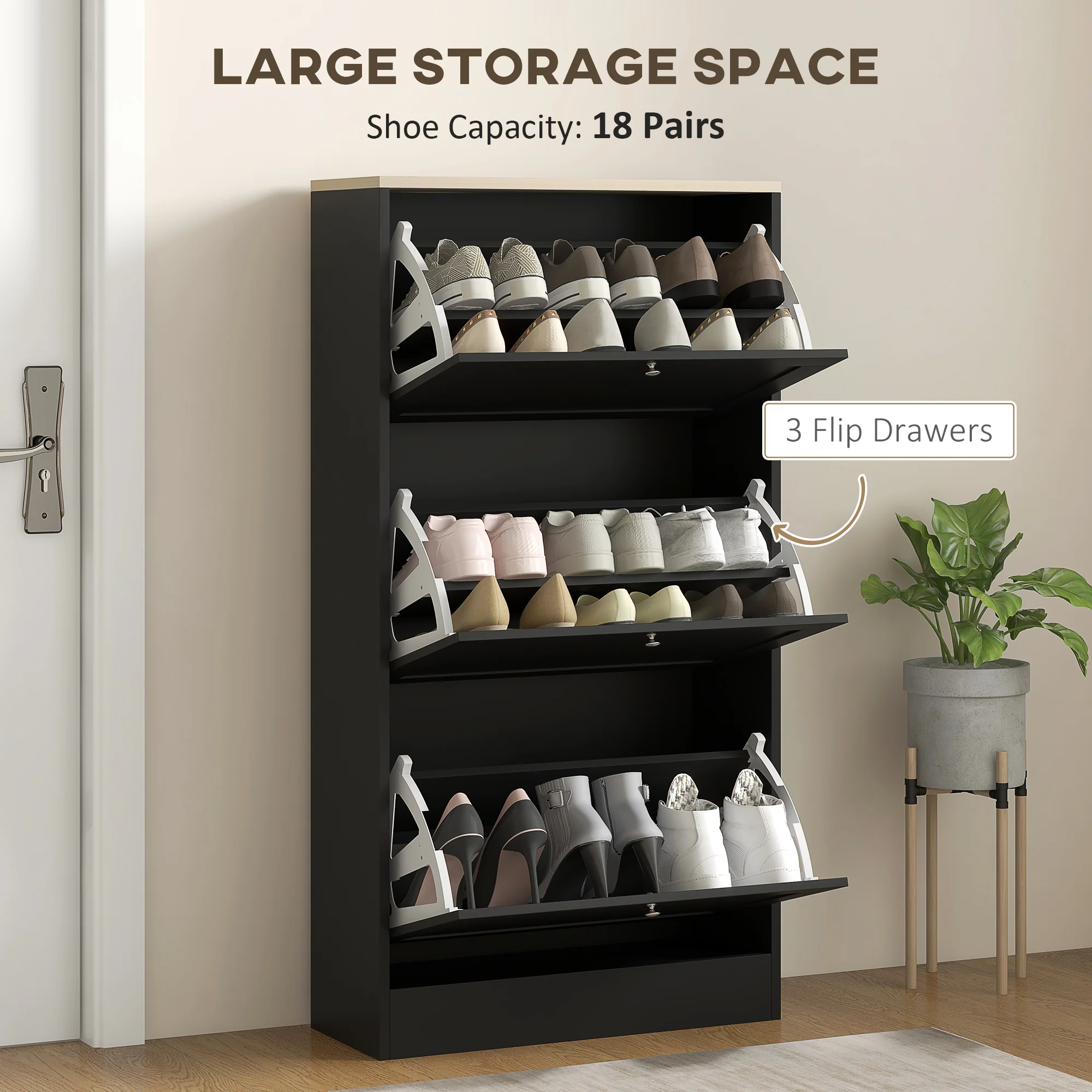 HOMCOM Narrow Shoe Cabinet with 3 Flip Drawers for 18 Pairs of Shoes Black - Image 3