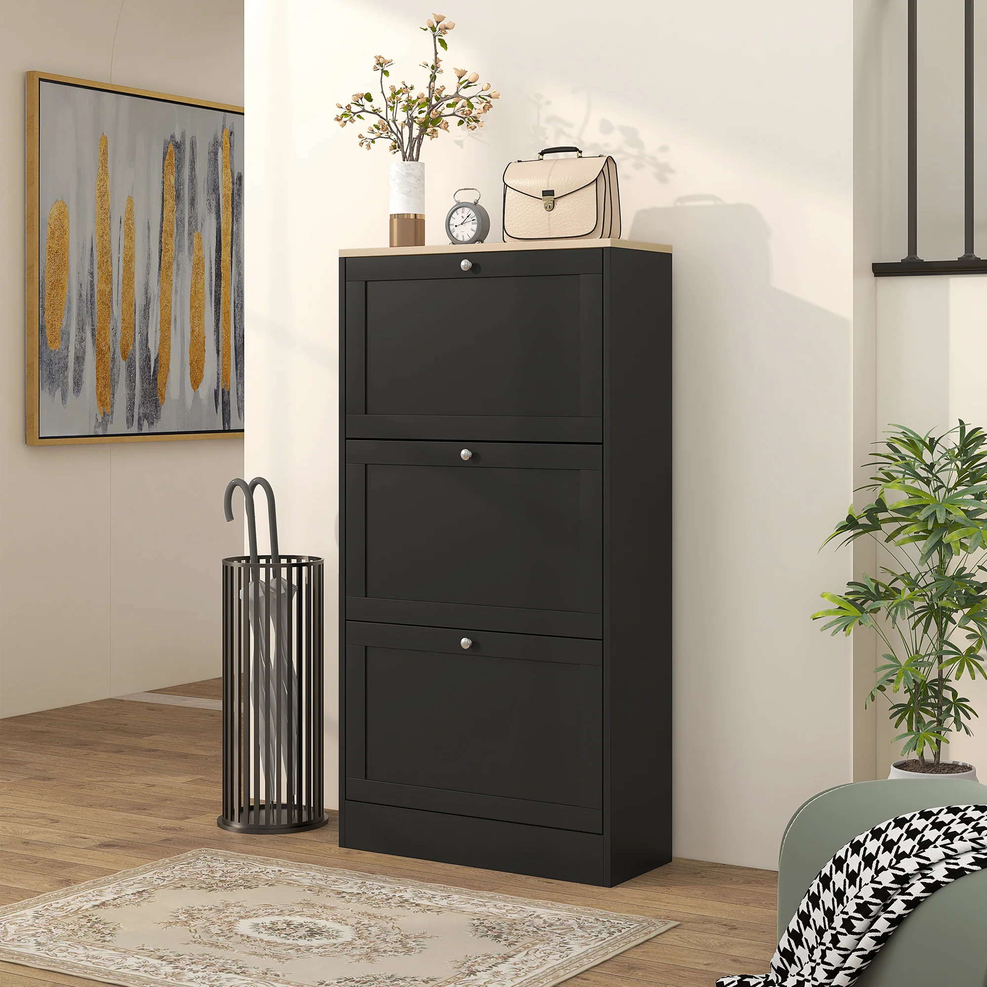 HOMCOM Narrow Shoe Cabinet with 3 Flip Drawers for 18 Pairs of Shoes Black - Image 8
